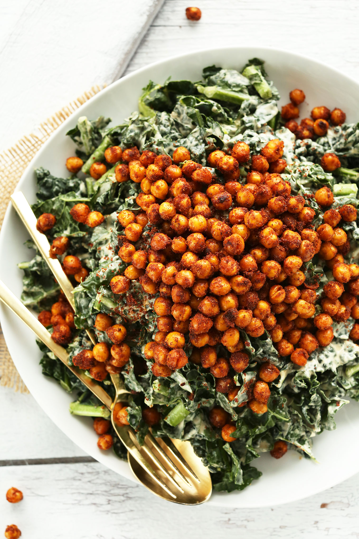 Big serving of our recipe for Garlicky Kale Salad with Tandoori Spiced Chickpeas