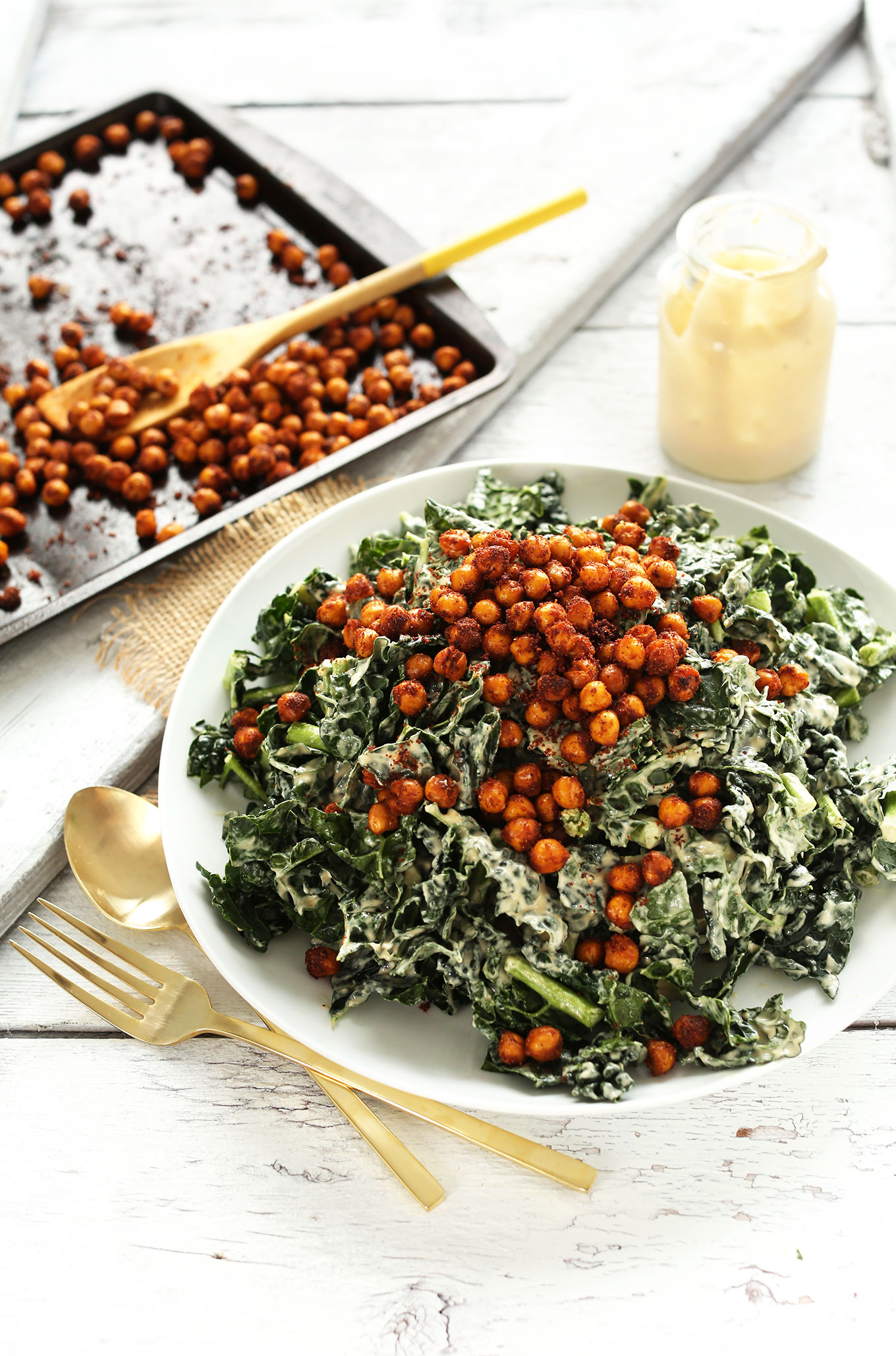 Big serving of our Garlicky Kale Salad with Tandoori Spiced Chickpeas for a simple gluten-free vegan meal