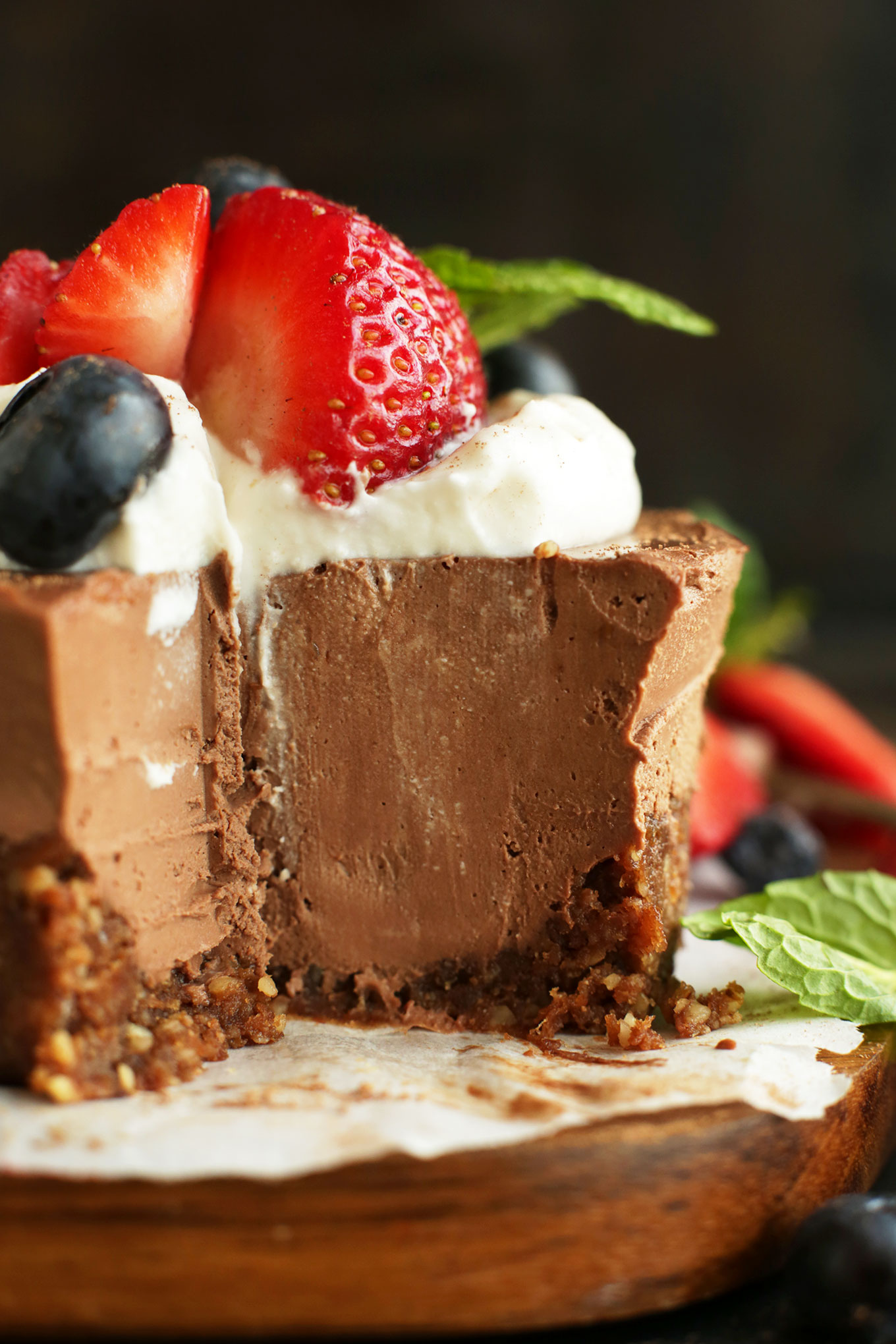 Close up shot of our No-Bake Chocolate Cheesecake with a mini slice removed