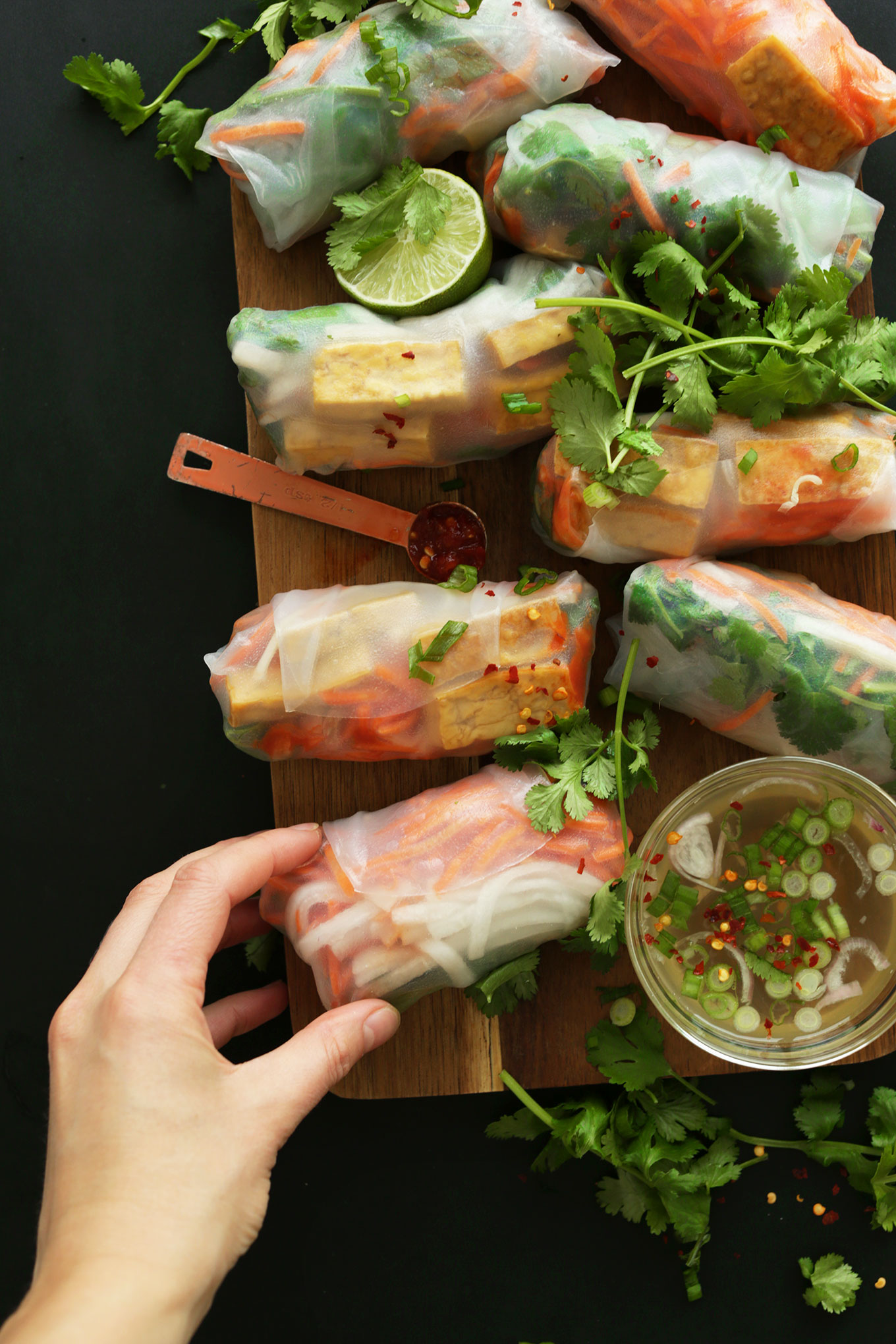 Healthy and fresh vegan Bahn Mi Spring Rolls alongside a bowl of dipping sauce