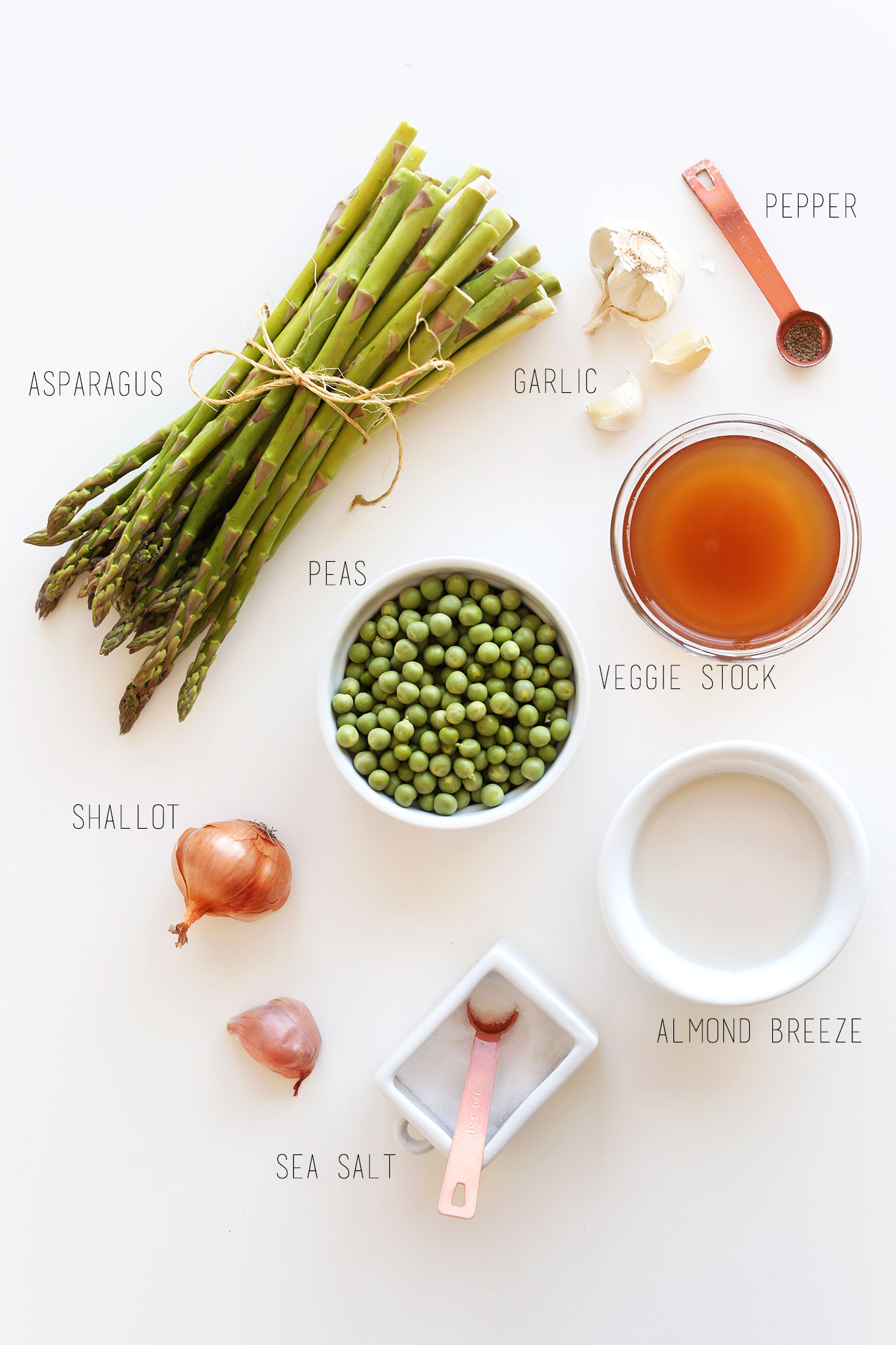 Ingredients for making our Creamy Asparagus Pea Soup recipe