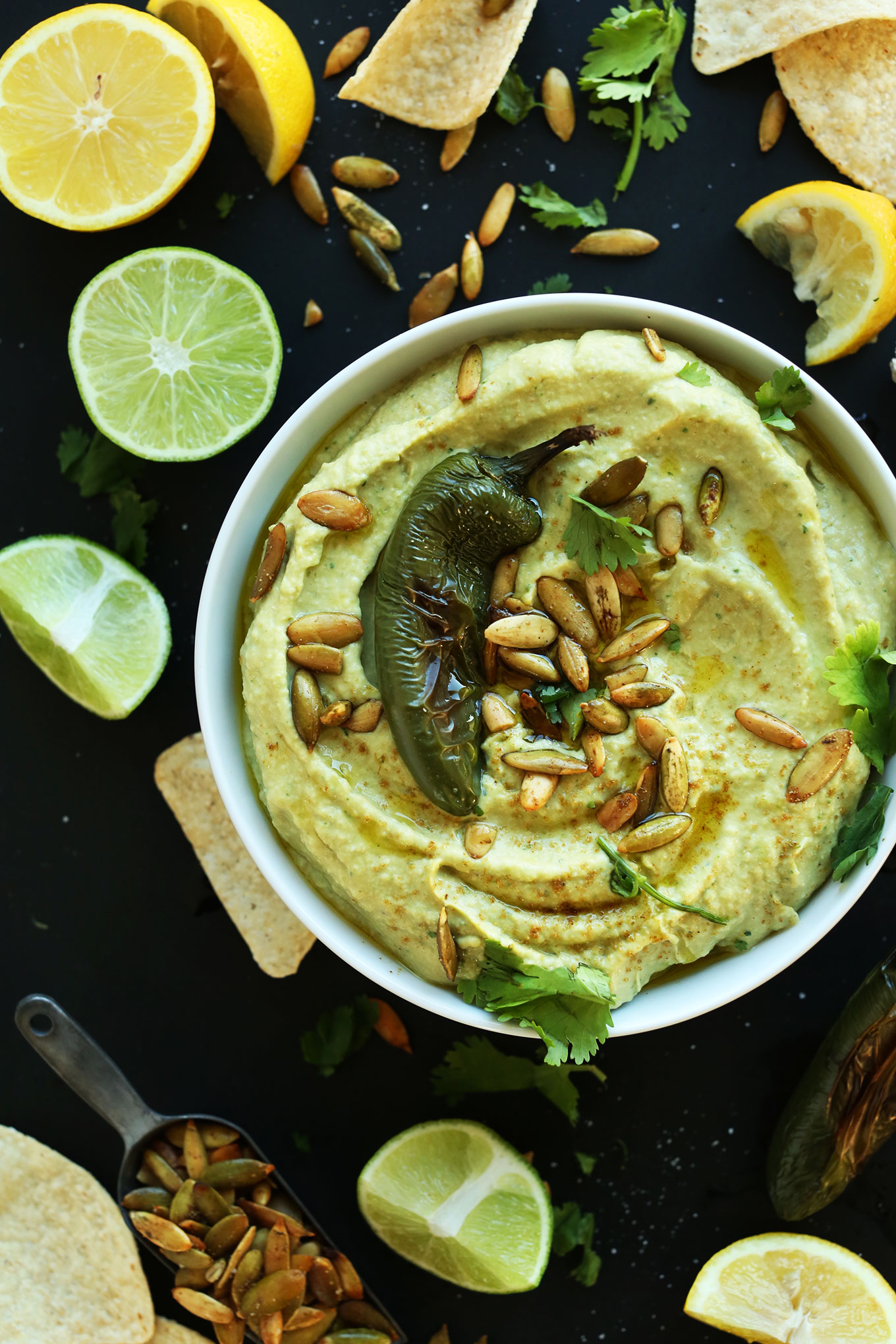 Big bowl of our creamy vegan Roasted Jalapeno Hummus recipe