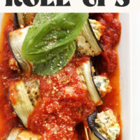Photo of eggplant lasagna roll-ups on a plate with text above that says just 10 ingredients