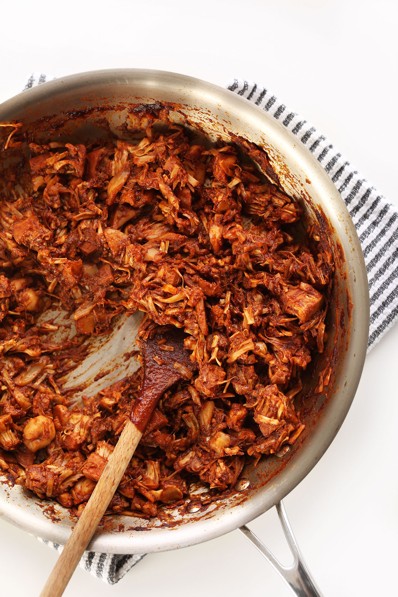 BBQ Jackfruit in a pan ready to be made into gluten-free vegan sandwiches for dinner