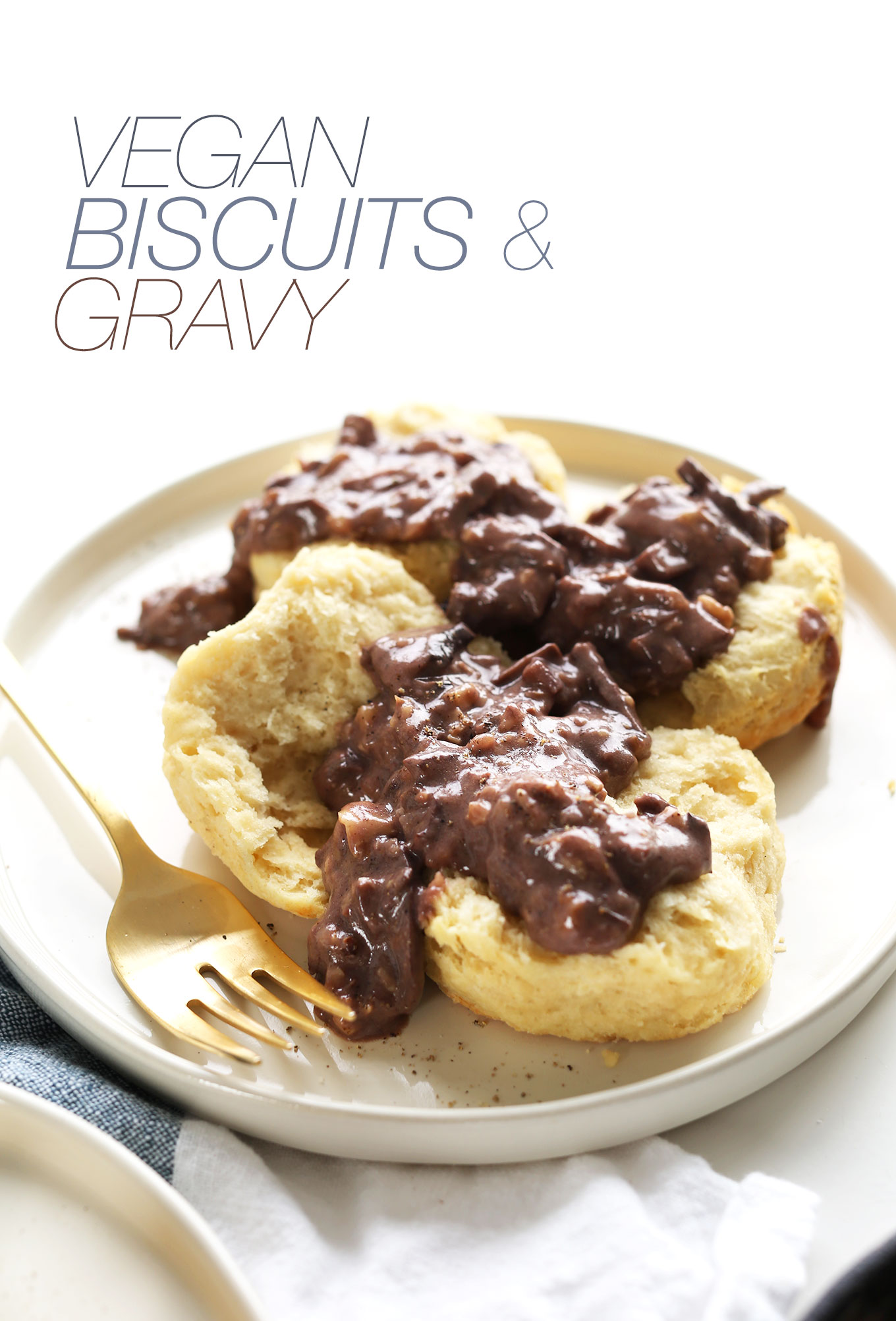 Plate of vegan biscuits and peppery mushroom walnut gravy