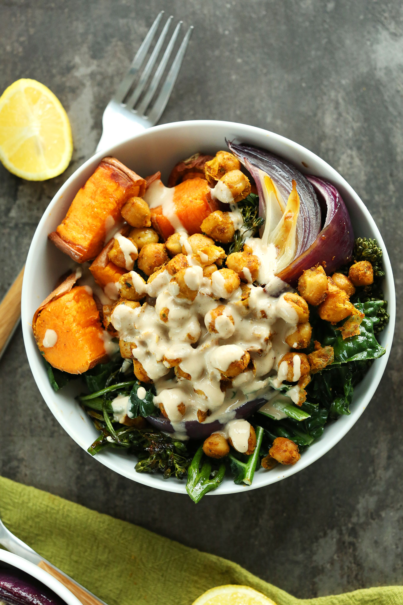 Chickpea Sweet Potato Buddha Bowl with Tahini Lemon Maple Sauce for a protein-rich vegan meal