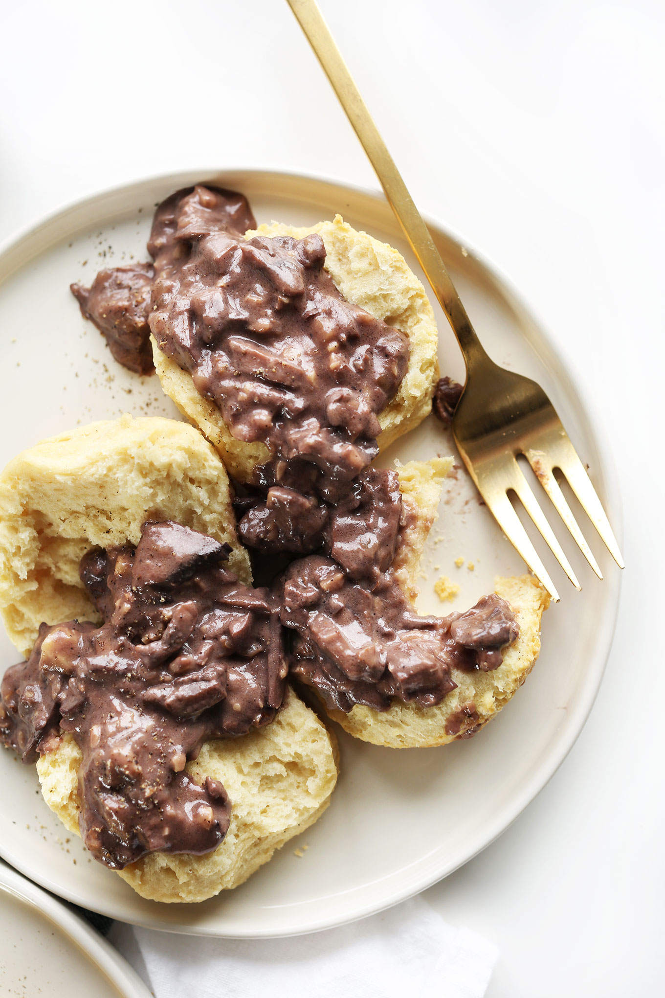 Plate of Vegan Biscuits and Gravy for an amazing breakfast
