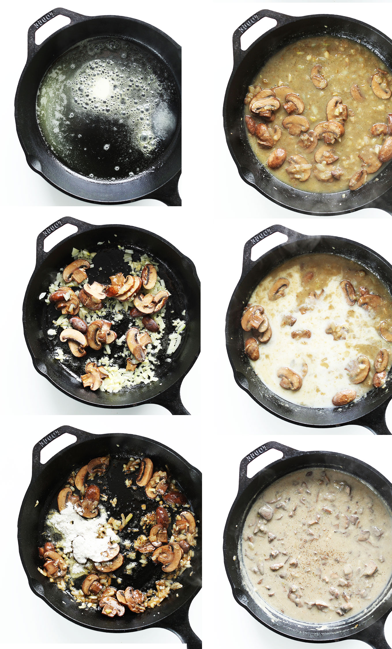 Photos showing steps for making homemade vegan Mushroom Gravy in a cast-iron skillet