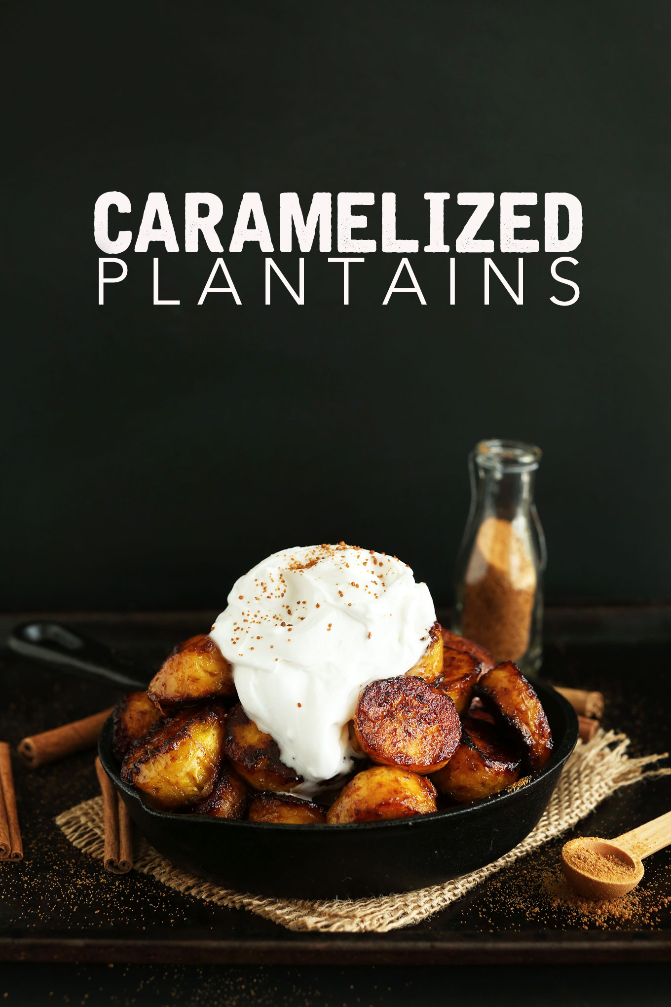 Skillet of Coconut Sugar Caramelized Plantains topped with coconut whip for a vegan gluten-free dessert