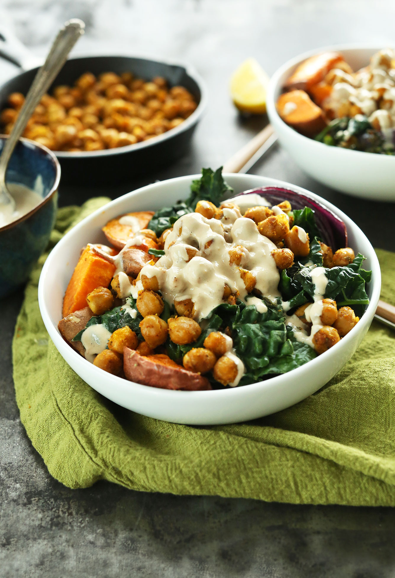 Serving of our Sweet Potato Chickpea Buddha Bowl recipe for a vegan gluten-free dinner