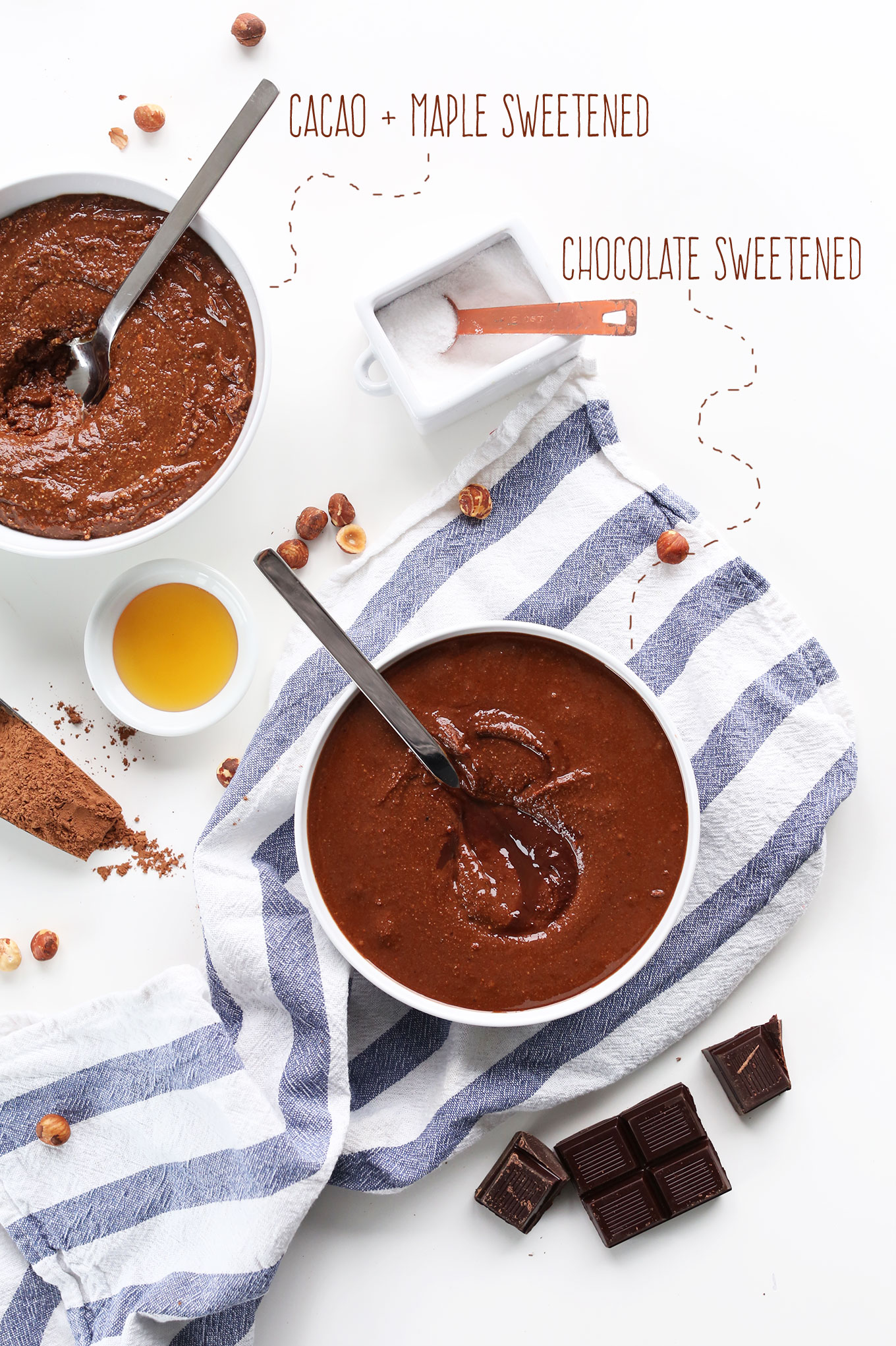 Two bowls of homemade nutella with different options for sweetening