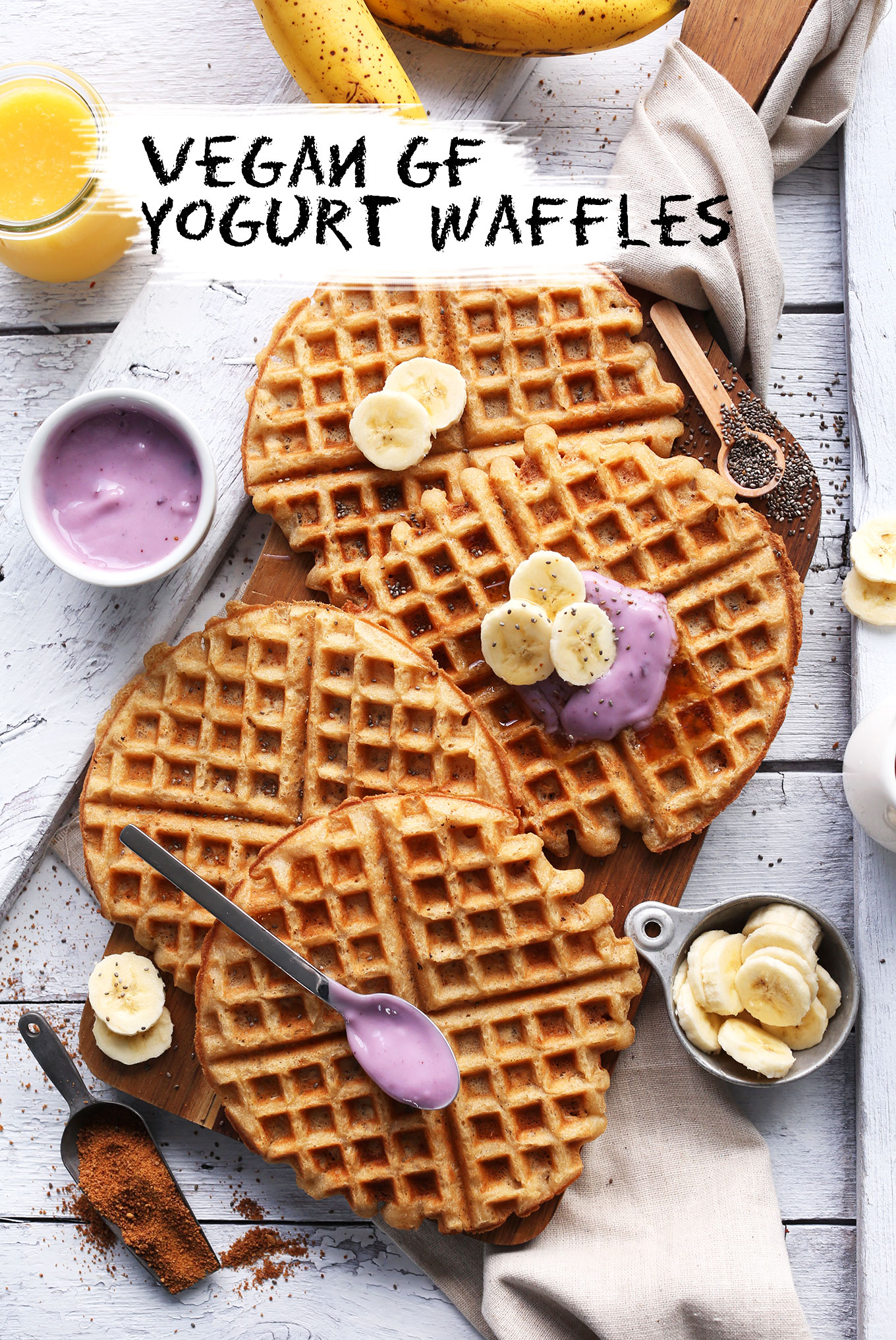 Cutting board filled with our Vegan GF Yogurt Waffles recipe