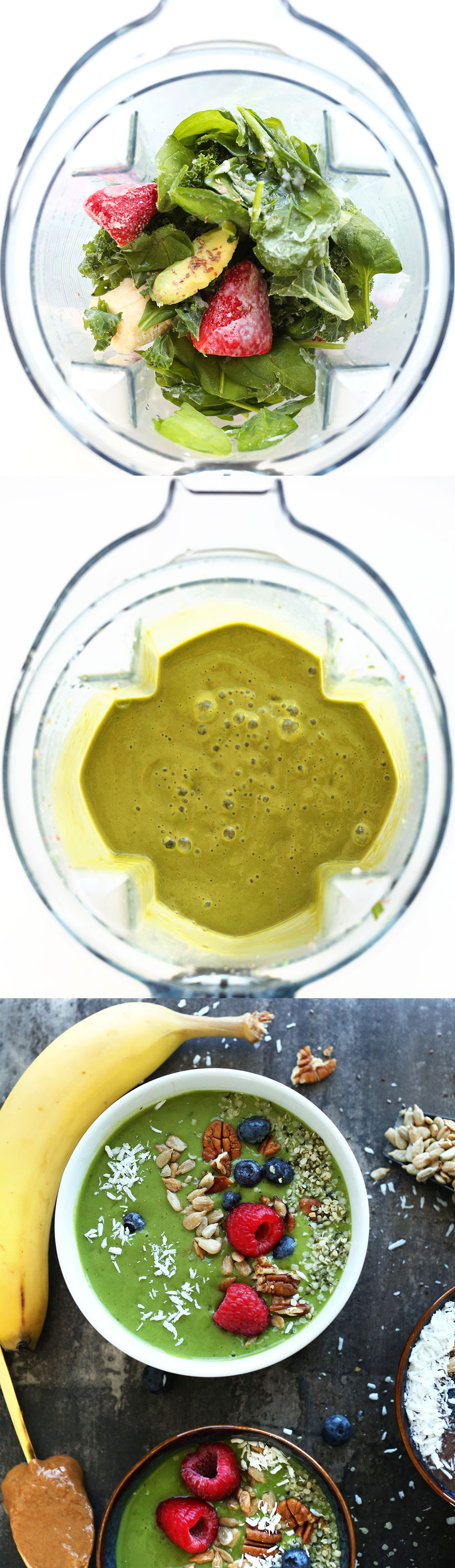 Photos showing steps of How to Make a Green Smoothie Bowl
