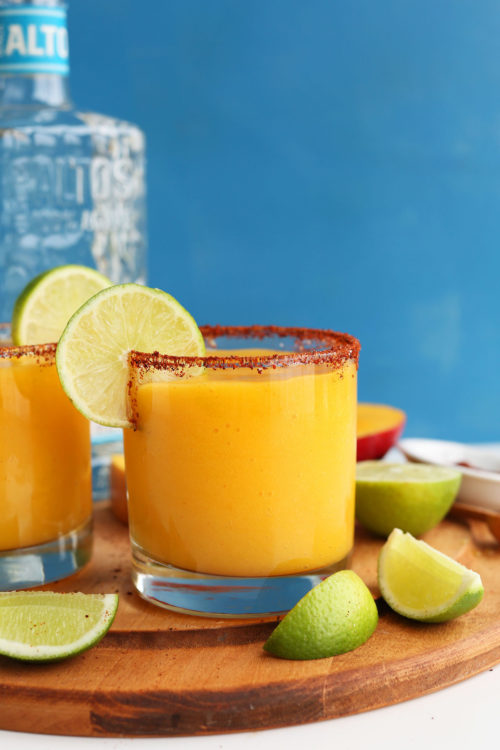 Glasses of our Mango Chili Lime Margaritas for a summertime vegan drink