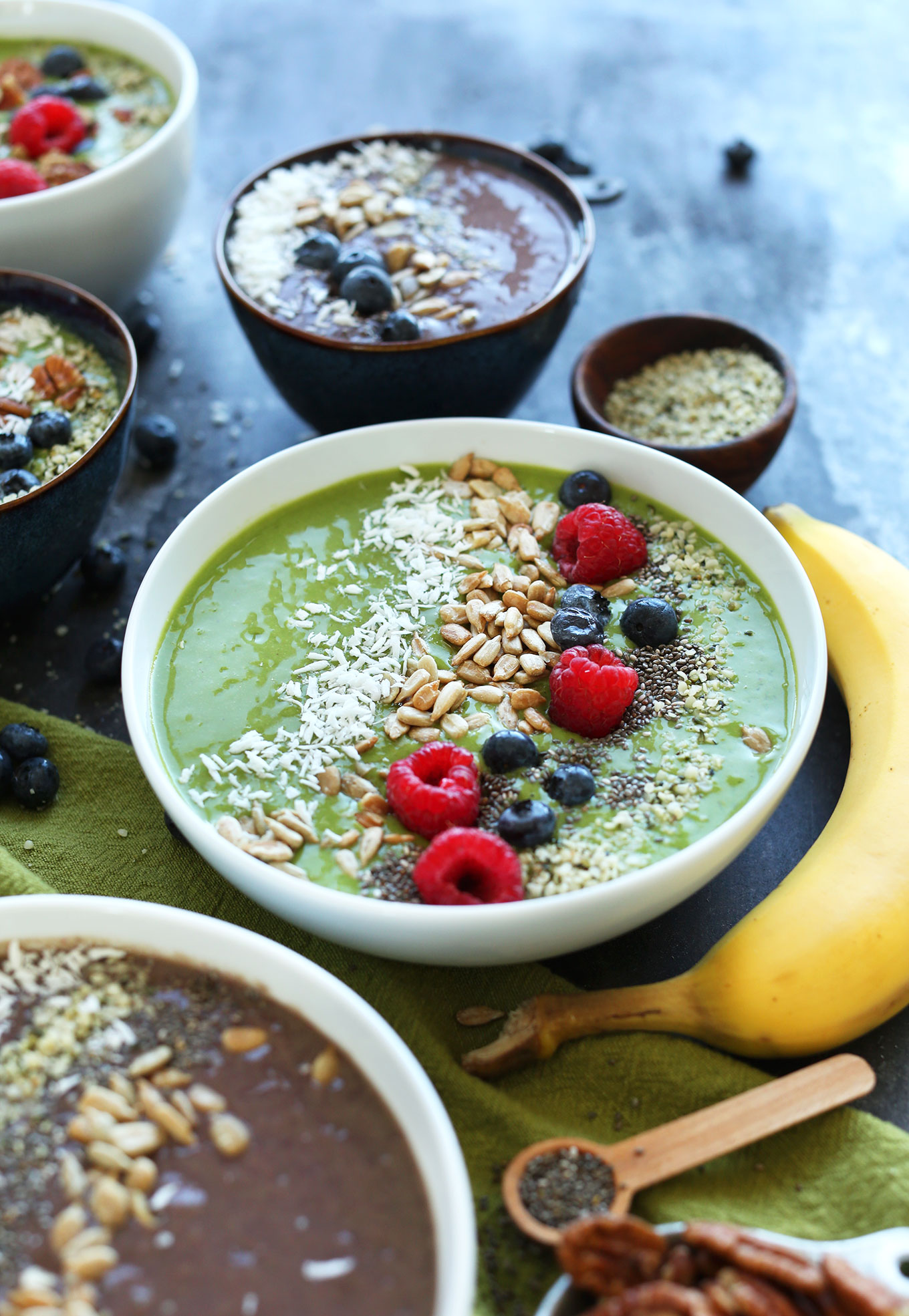 Super Green Smoothie Bowls with gluten-free vegan toppings