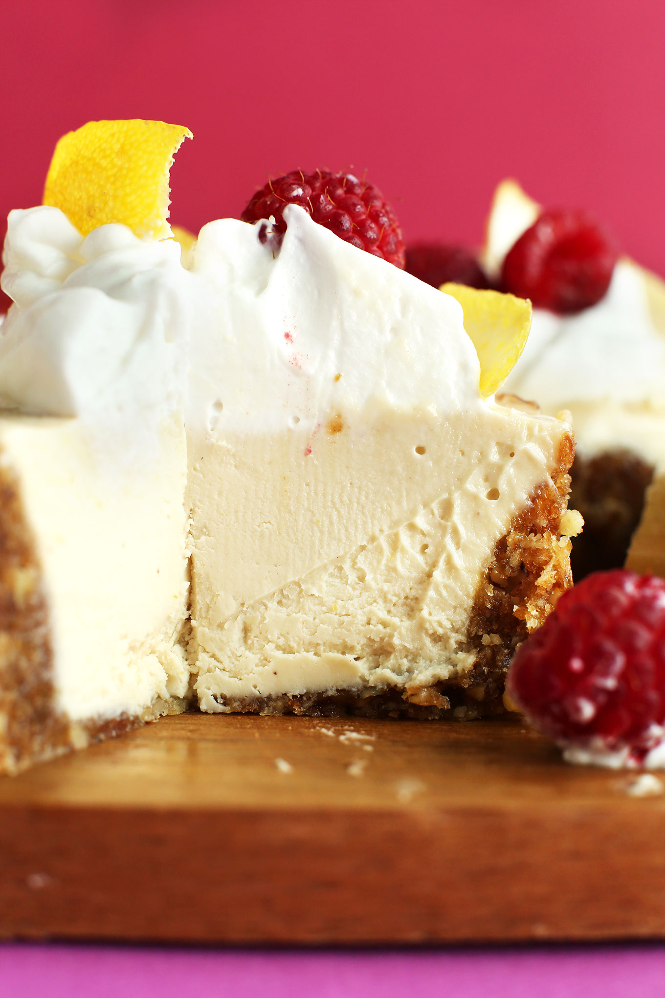 Close up shot of the inside of our creamy vegan White Chocolate Cheesecake