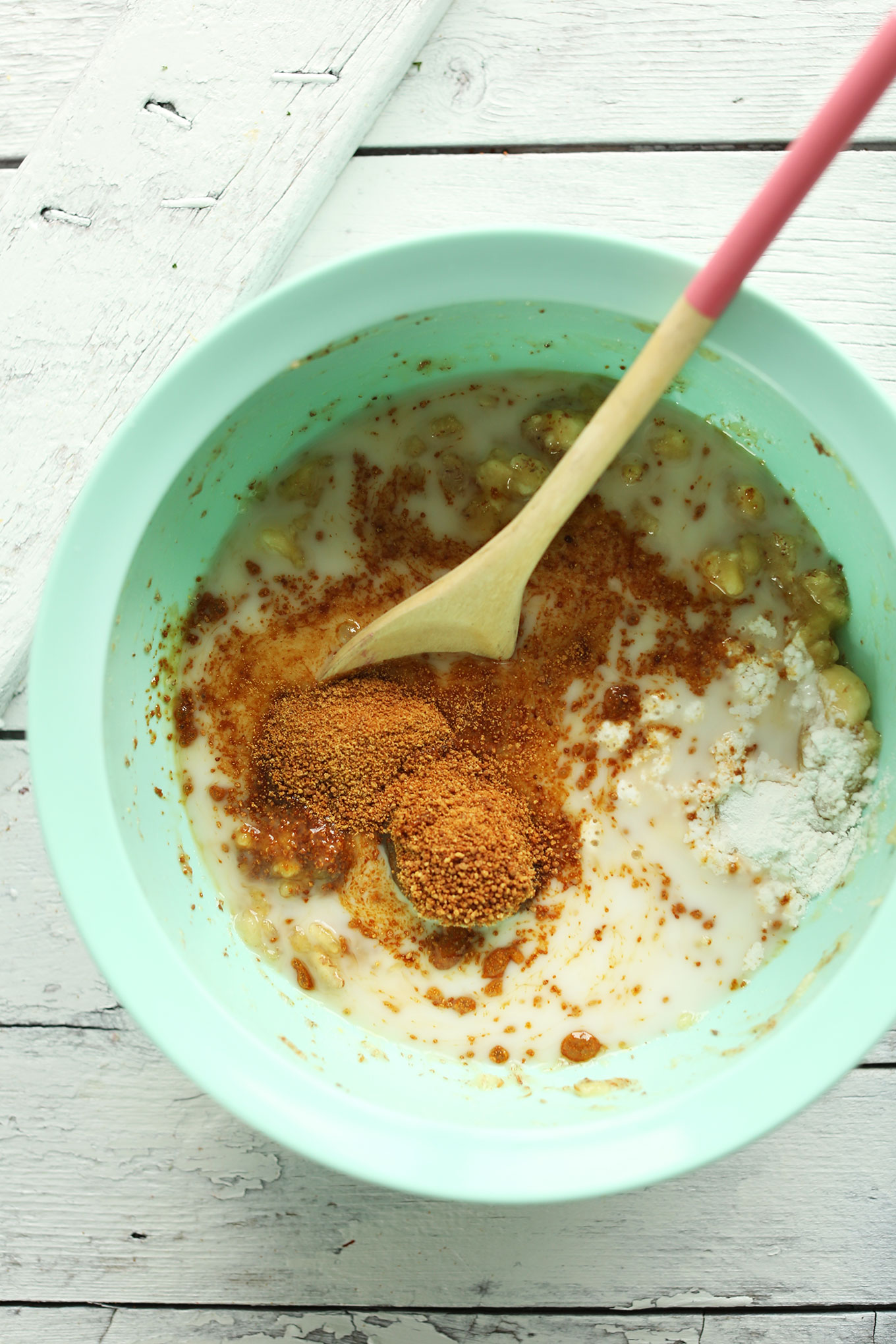 Mixing ingredients for our homemade gluten-free vegan Nutella Banana Bread recipe