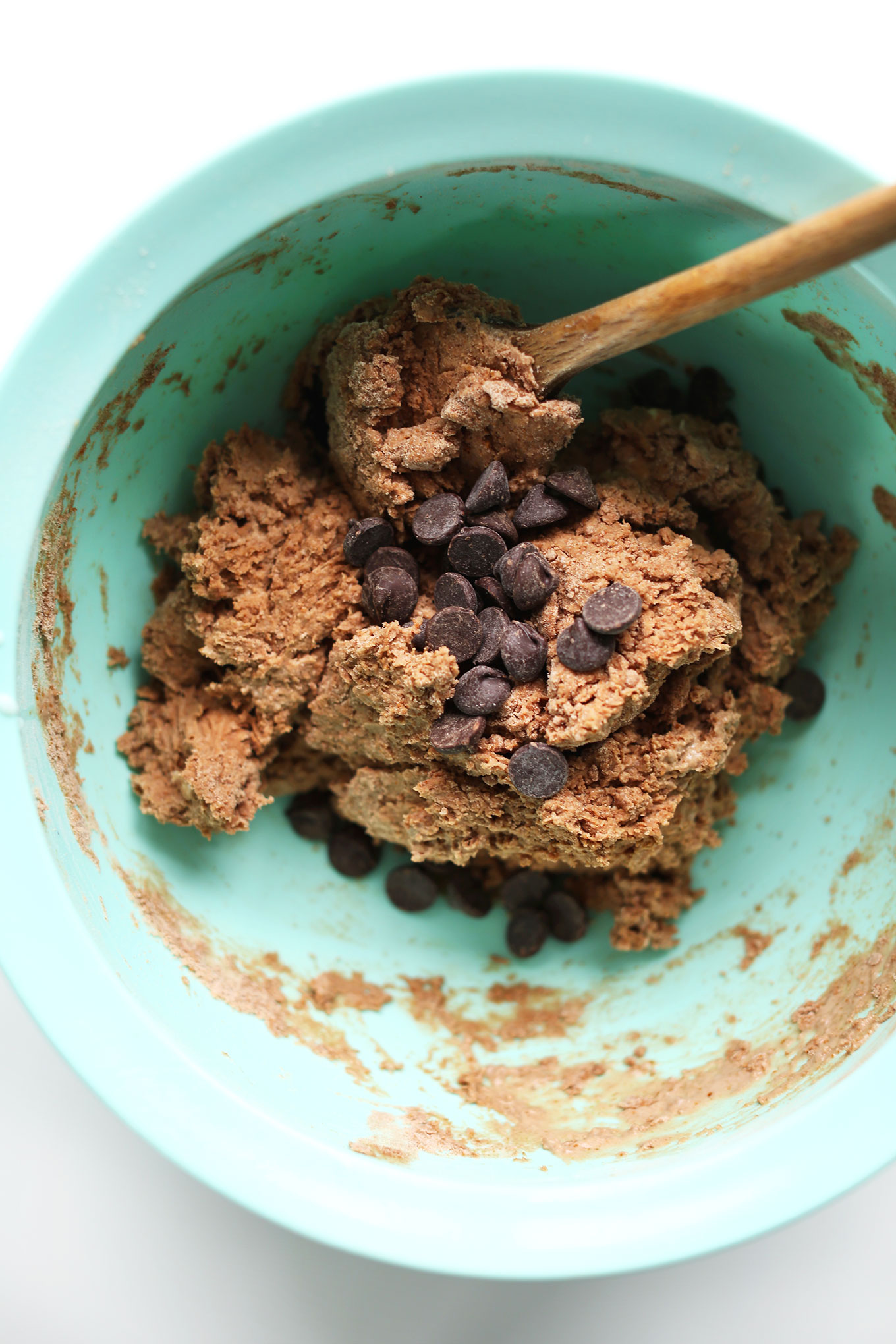 Bowl of Vegan Chocolate Shortcake batter with dark chocolate chips