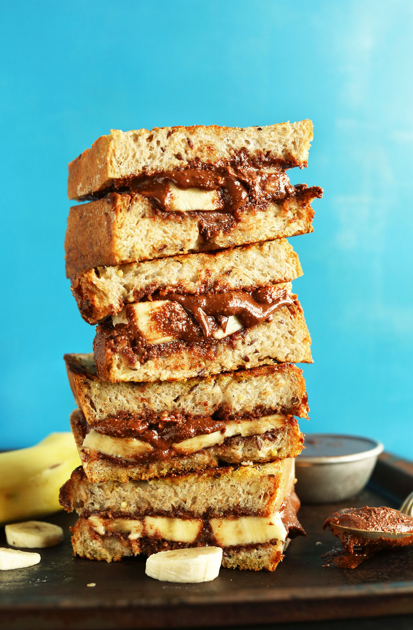 Stack of delicious vegan Grilled Banana Nutella Sandwiches