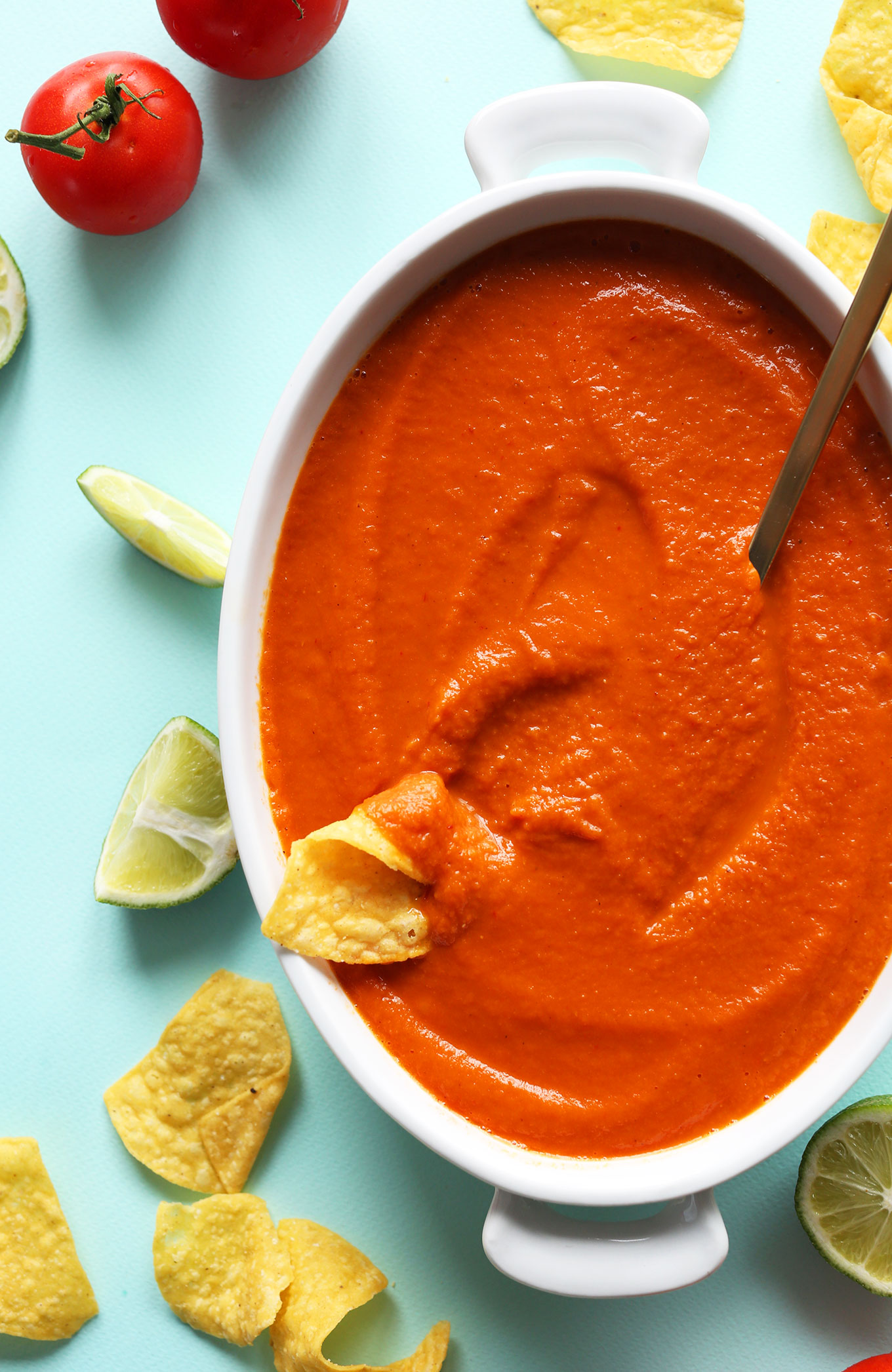 Dish filled with Blended Chipotle Red Salsa for a delicious gluten-free vegan appetizer