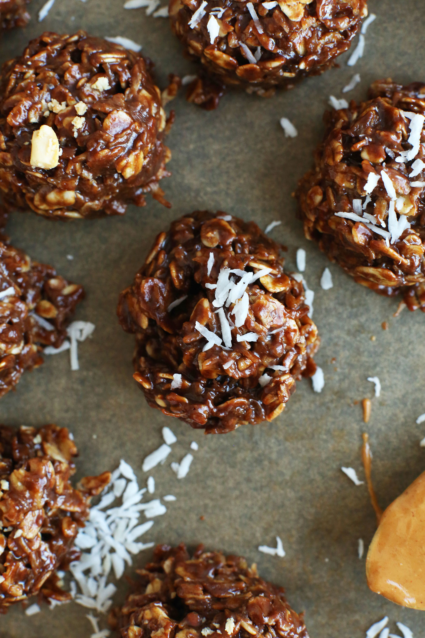 Parchment-lined baking sheet with our Amazing No-Bake Cookies with Shredded Coconut