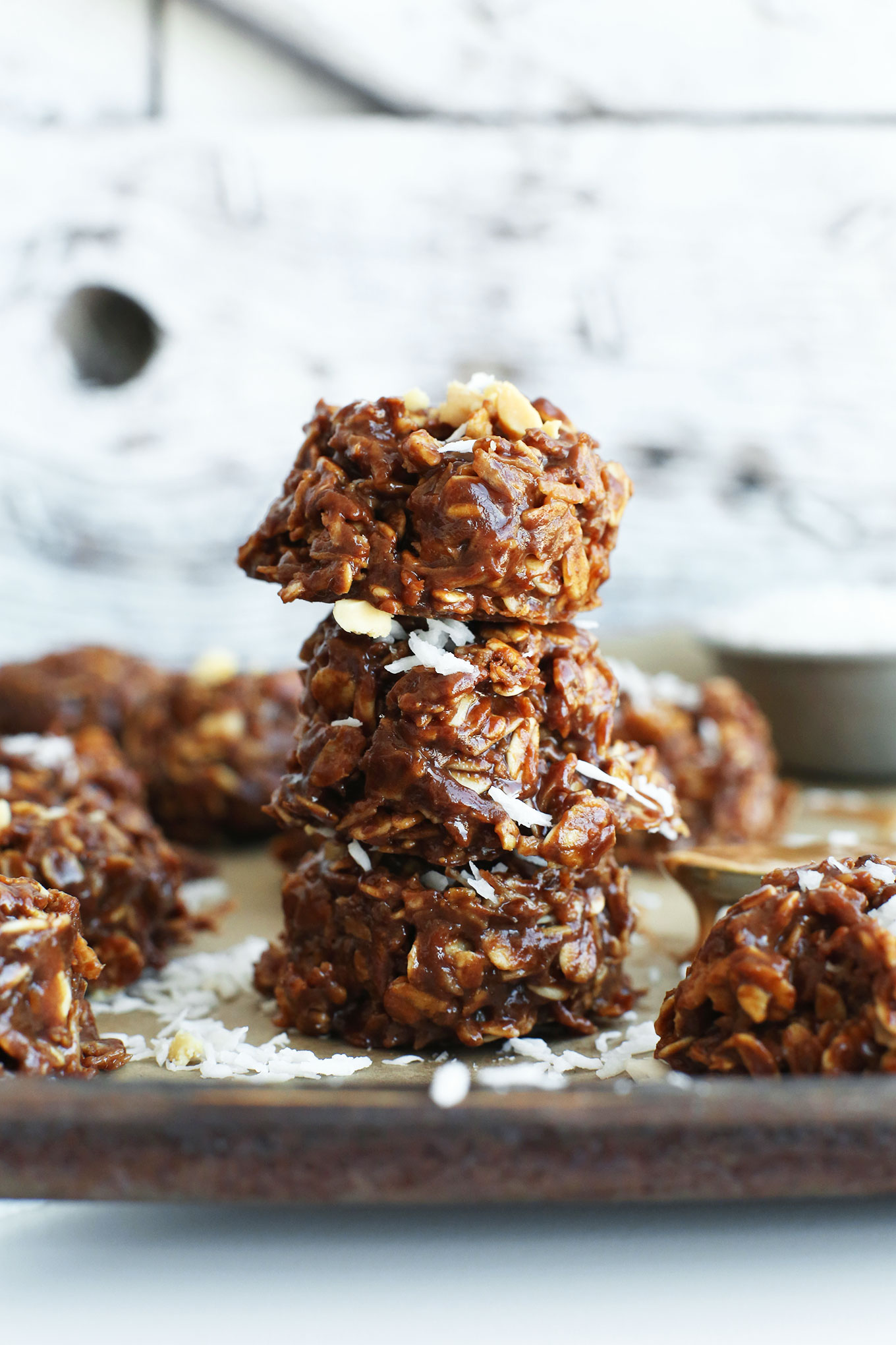 Stack of our delicious gluten-free vegan No-Bake Cookies made with shredded coconut