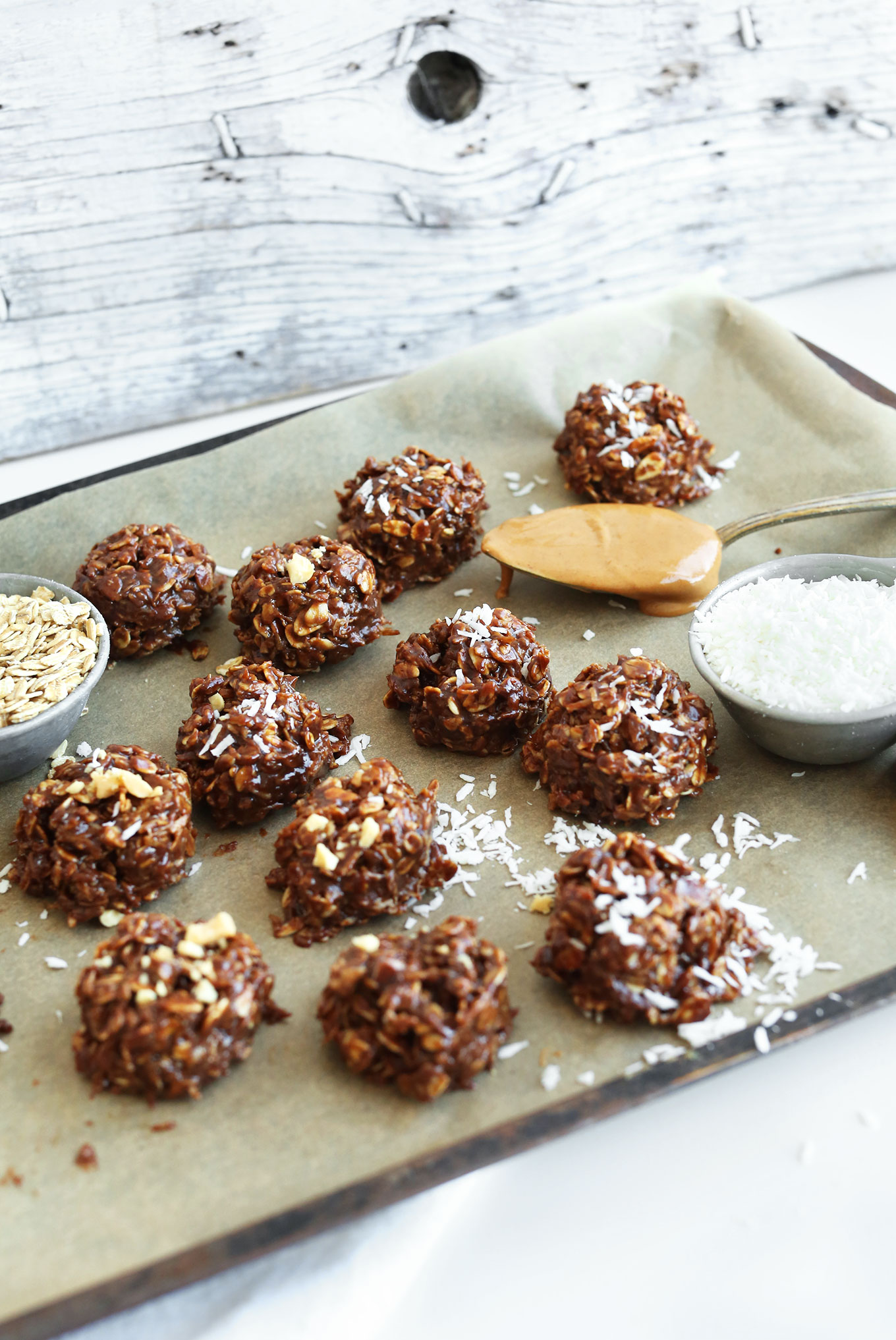 Parchment-lined pan filled with our Coconut No-Bake Cookies recipe