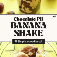 A blender and a glass of our Chocolate Peanut Butter Banana Shake recipe with text between the photos that says 5 simple ingredients