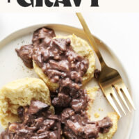 Plate of vegan biscuits and gravy with text above that says ready in just 30 minutes