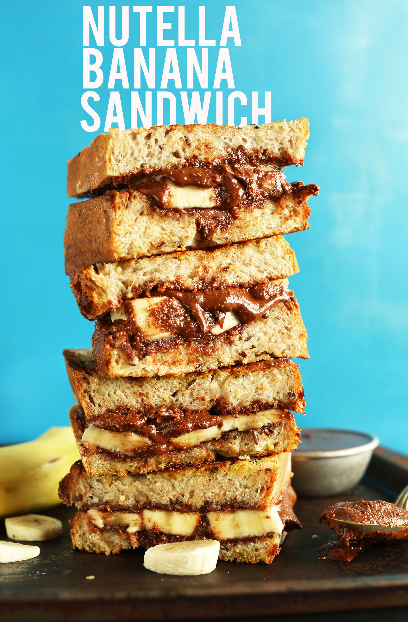 Stack of butter-free vegan Nutella Banana Sandwiches for a delicious treat