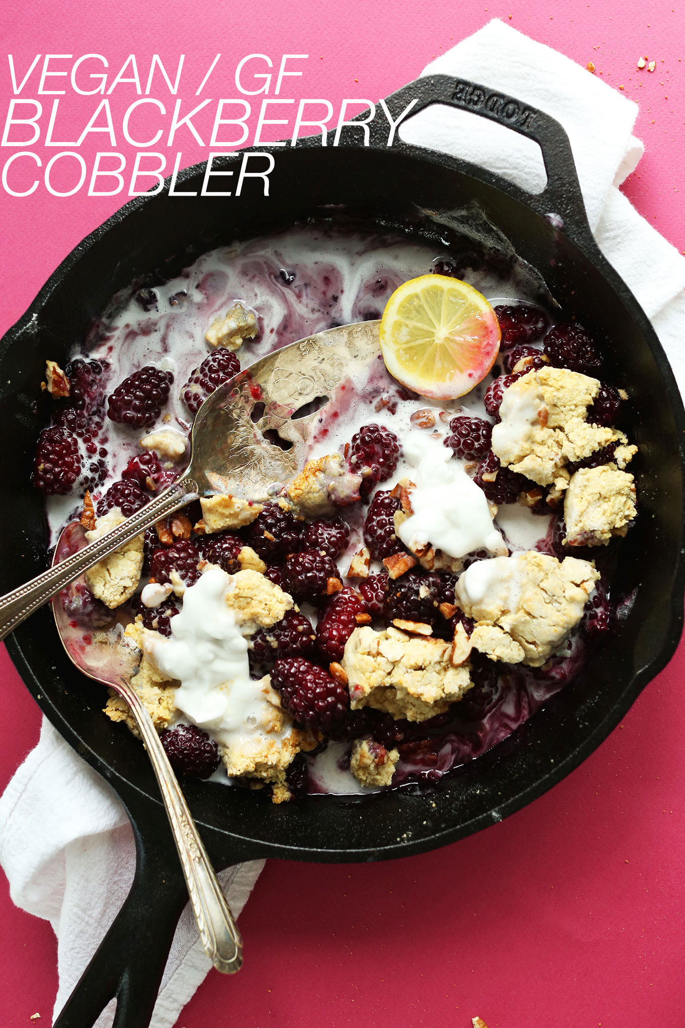 Cast-iron skillet with vegan GF Blackberry Cobbler for an amazing summer dessert