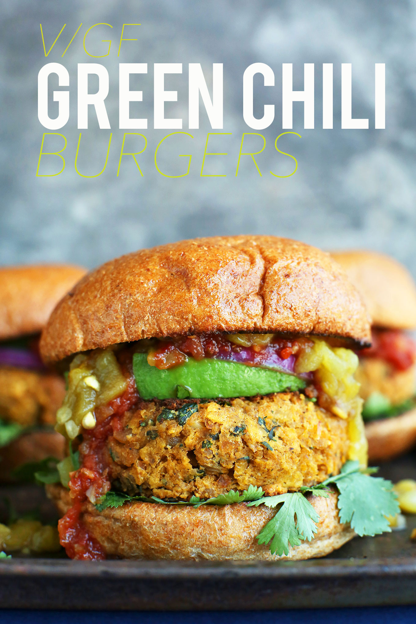 Green Chili Veggie Burger with toppings on a bun for a gluten-free vegan dinner