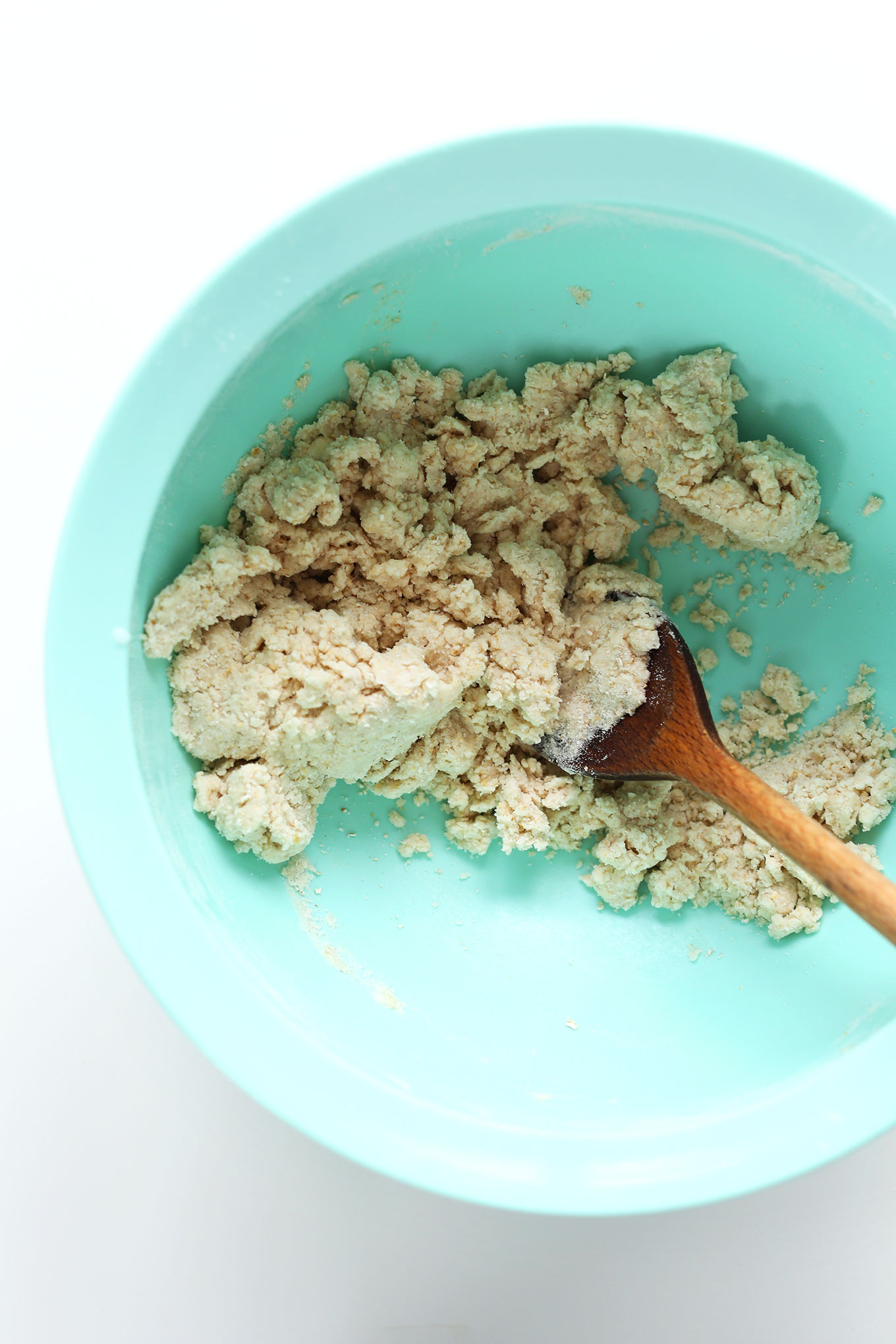 Stirring the batter for our vegan gluten-free Blackberry Cobbler recipe