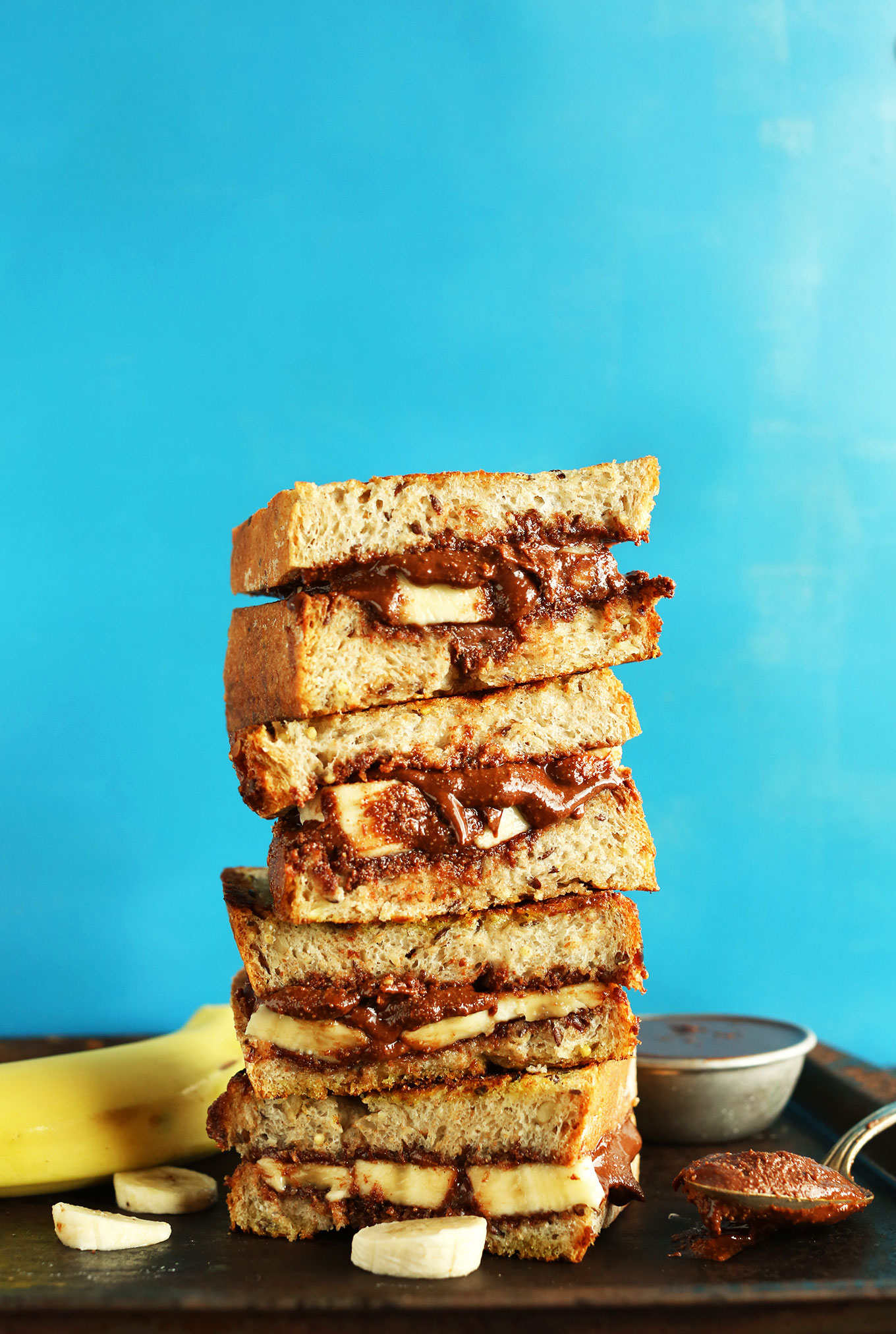 Stack of crispy vegan Grilled Banana Nutella Sandwiches