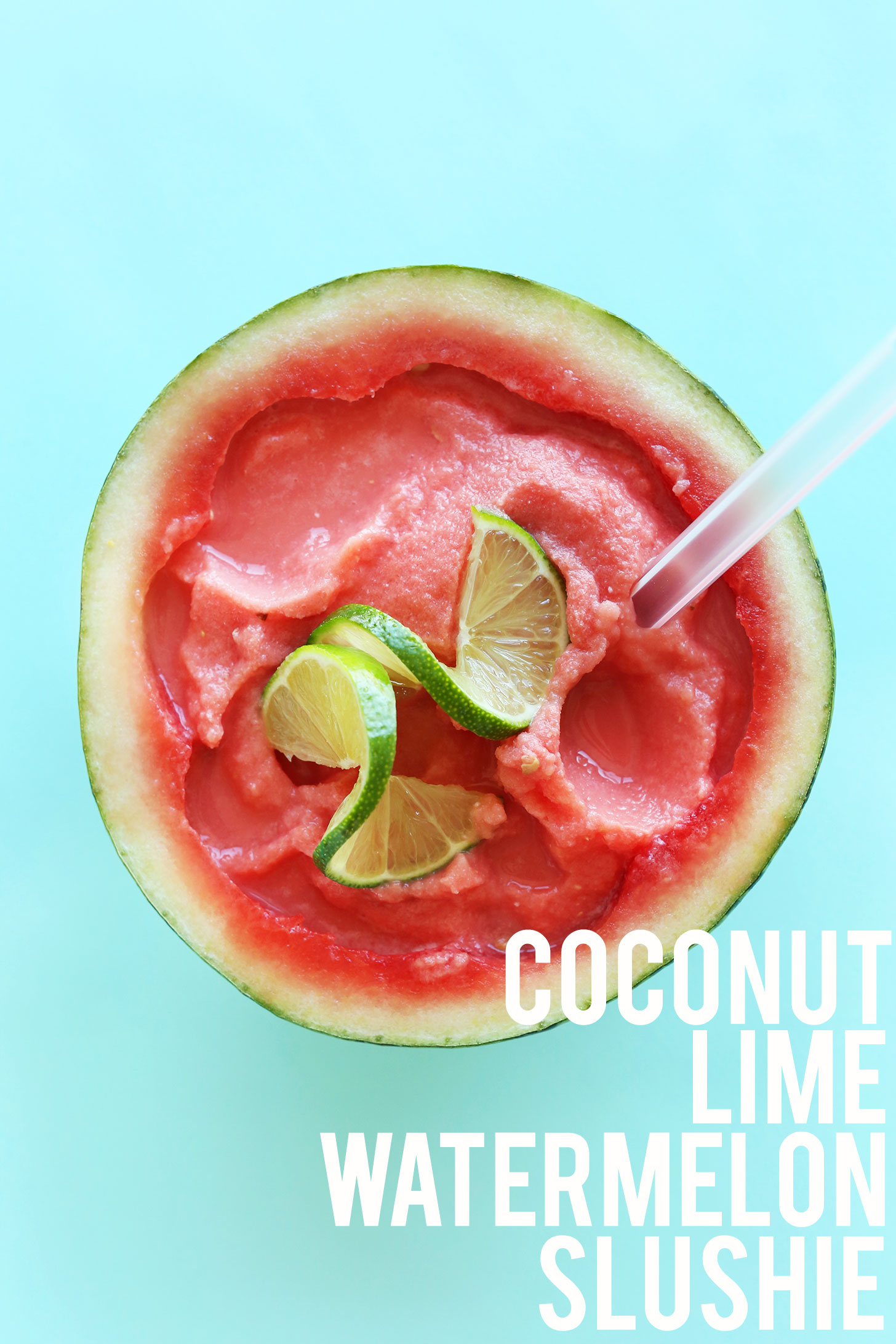Coconut Lime Watermelon Slushie recipe in a halved watermelon