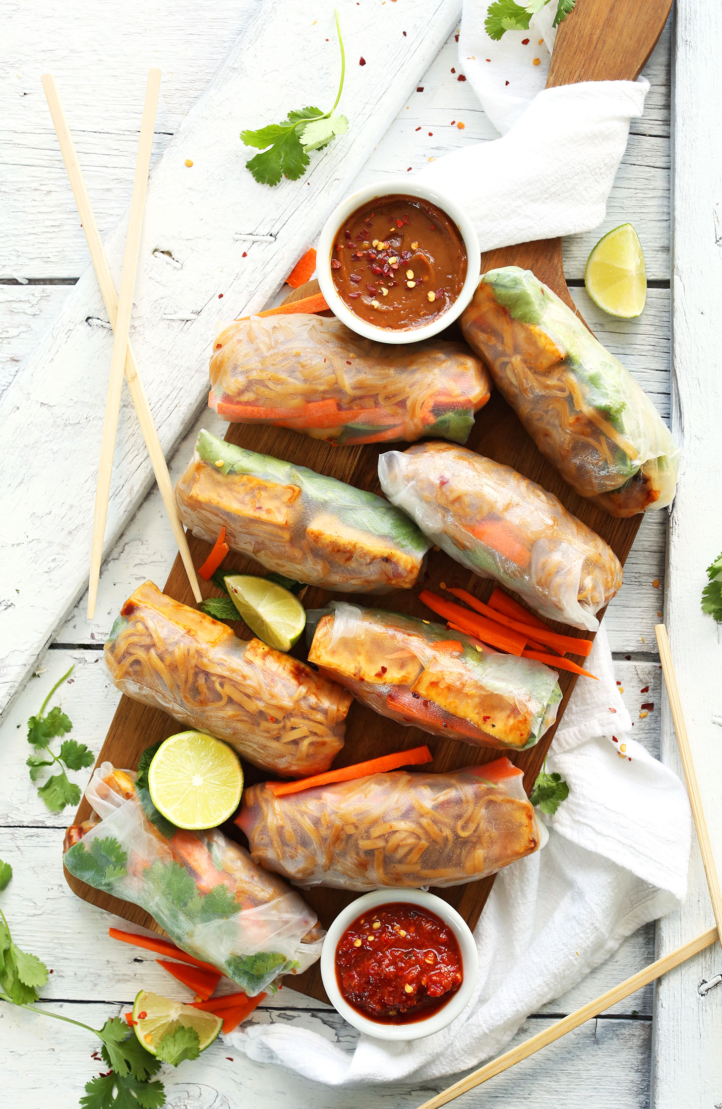 Platter of Easy Pad Thai Spring Rolls with crispy tofu