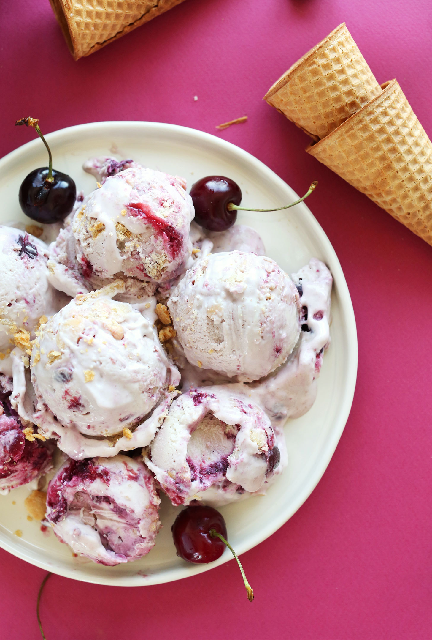 Plate with scoops of Vegan Cherry Pie Ice Cream