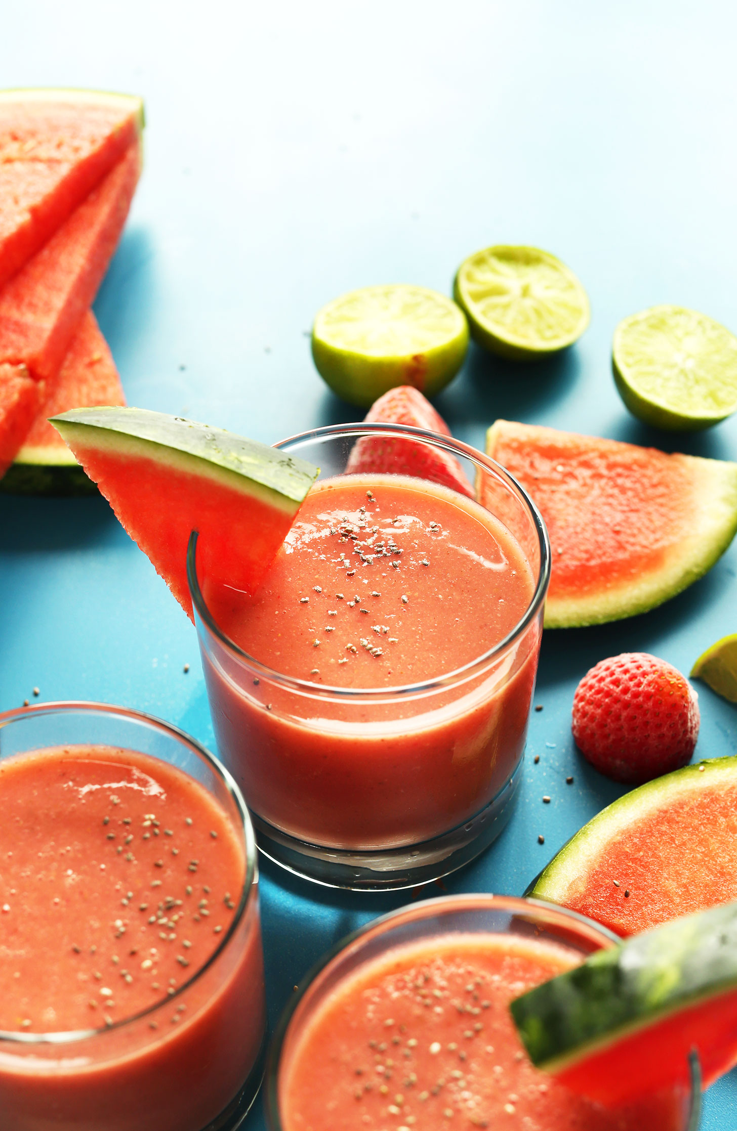Glasses of our Watermelon Strawberry Smoothie for a hydrating and refreshing summer recipe