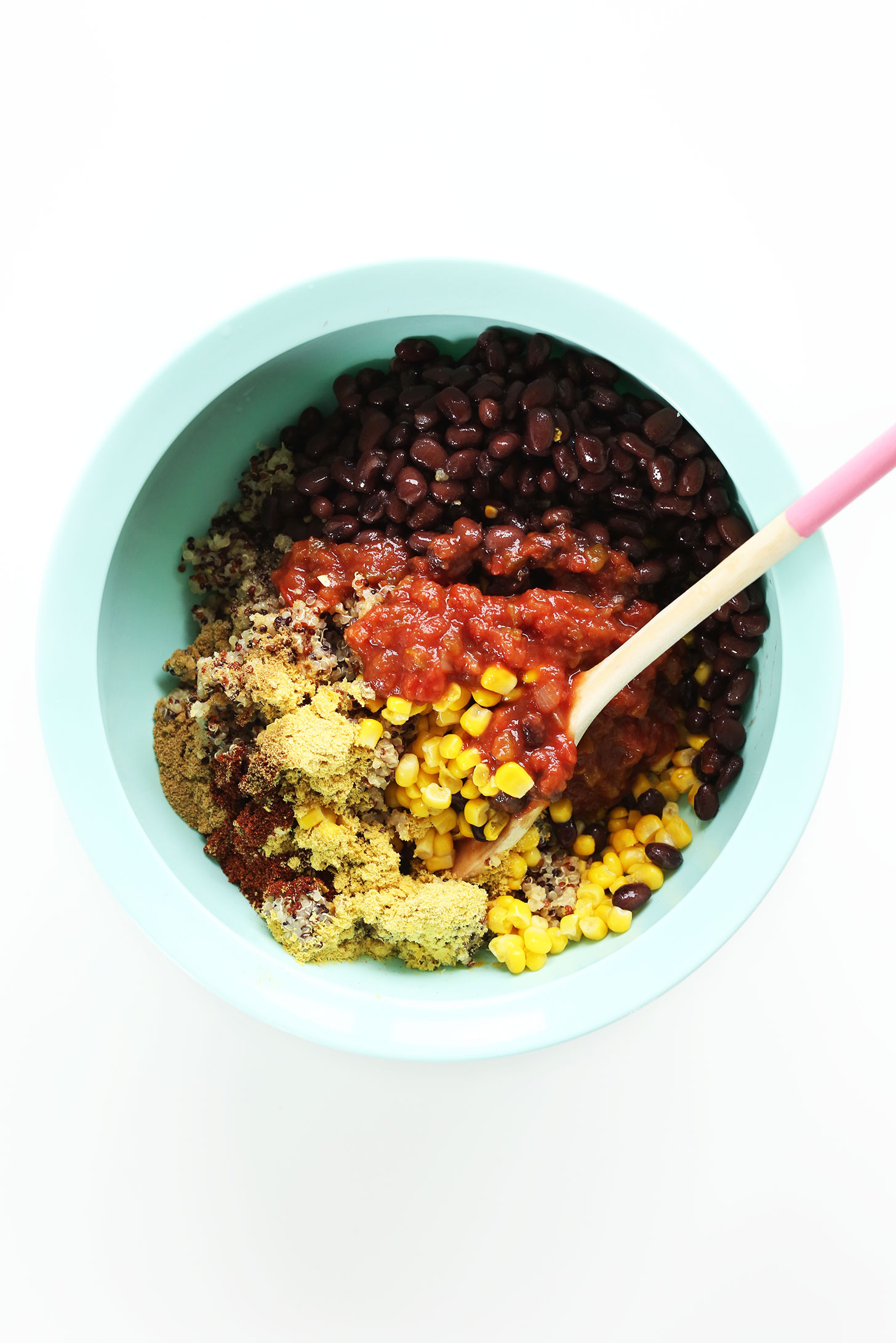 Bowl of ingredients for making Spanish Quinoa Stuffed Peppers for dinner