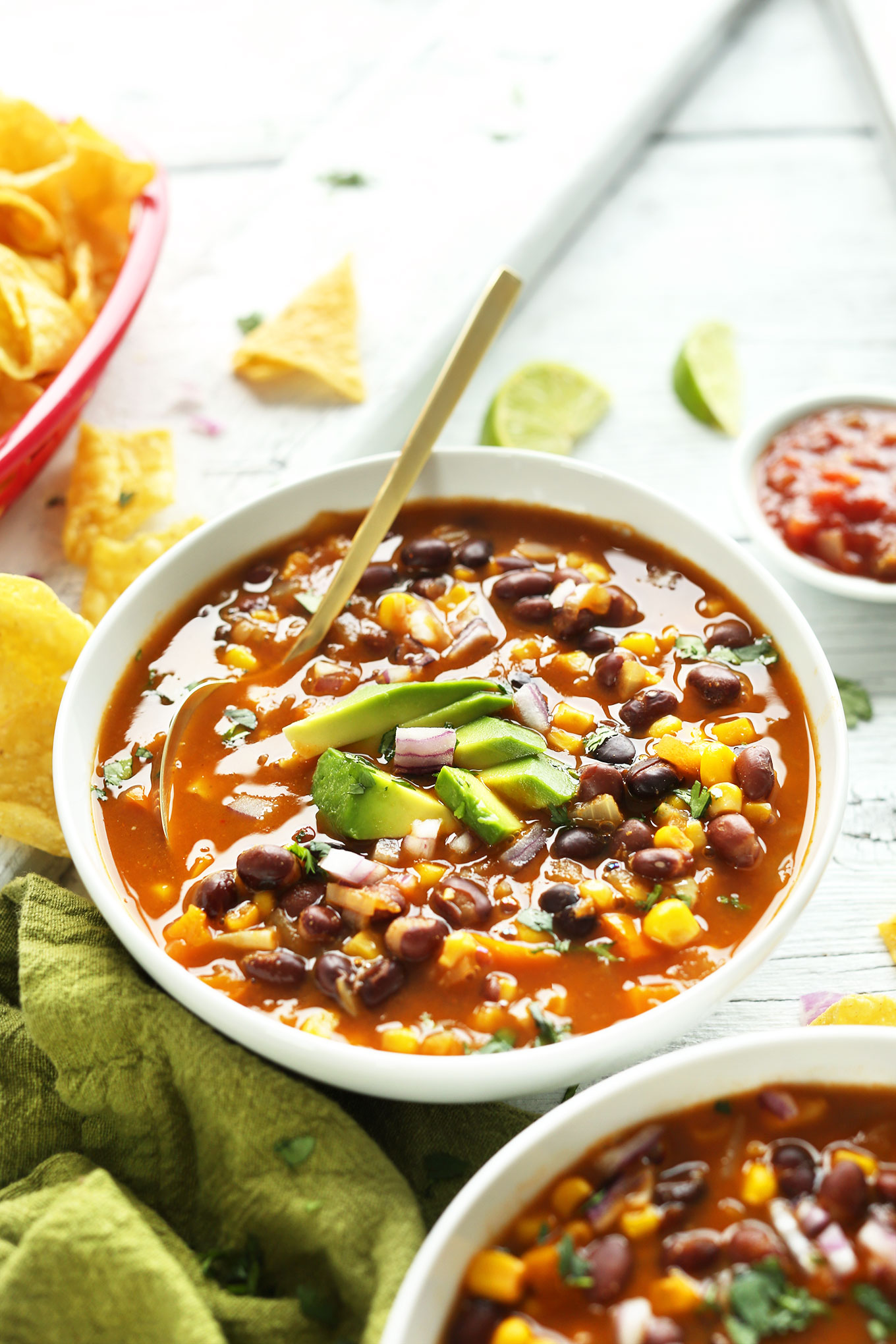 Bowls of our delicious vegan Chipotle Black Bean Tortilla Soup