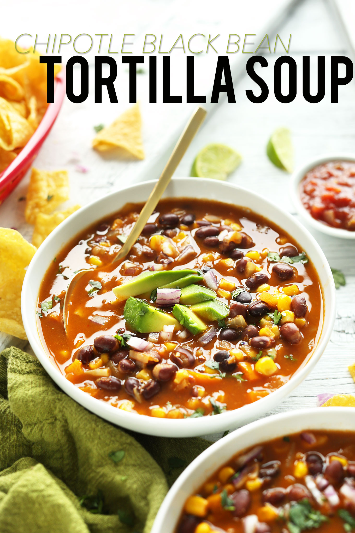 Close up shot of a bowl of our simple and healthy Chipotle Black Bean Tortilla Soup