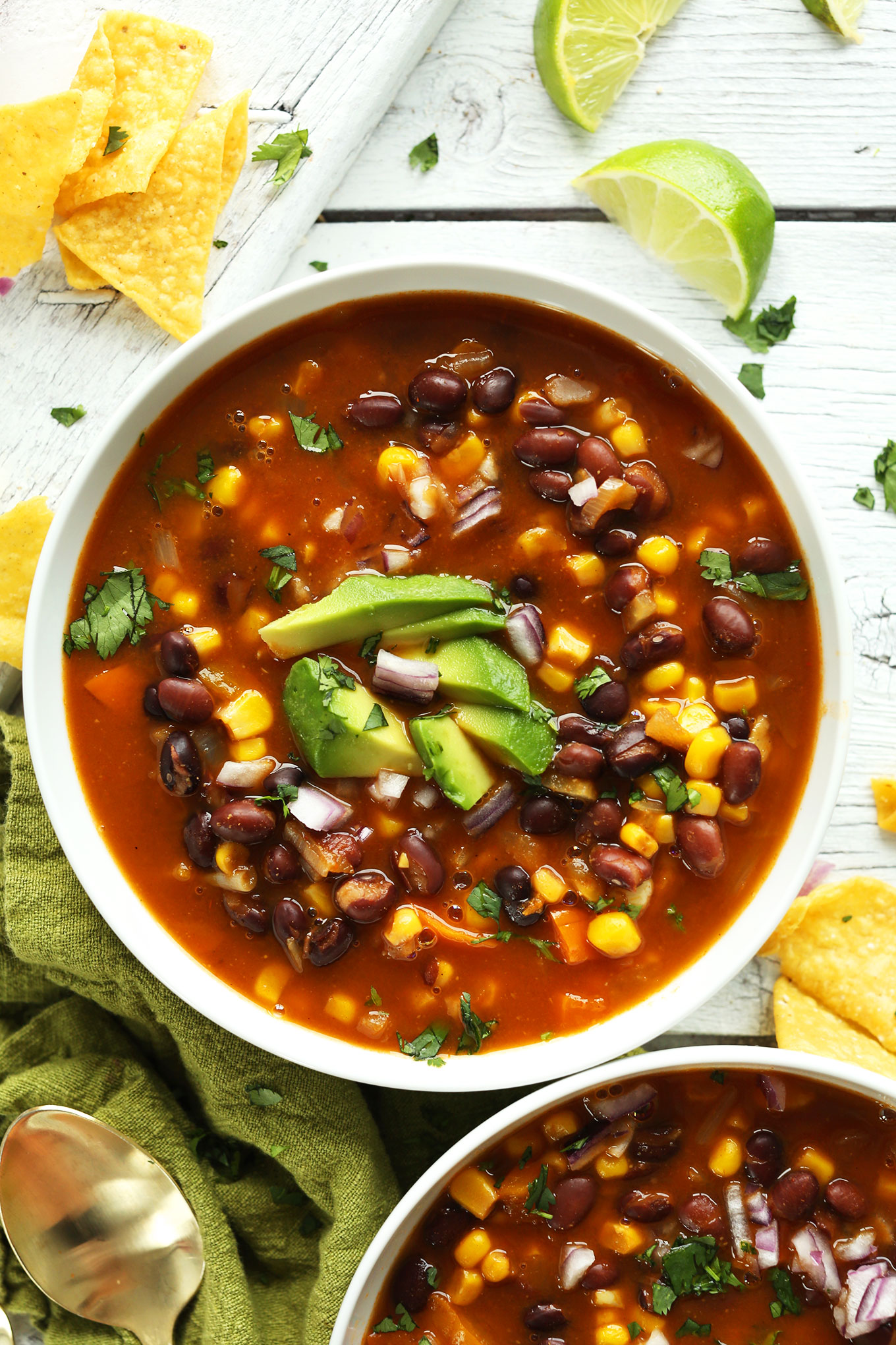 Bowls of Chipotle Black Bean Tortilla Soup for an easy gluten-free vegan recipe