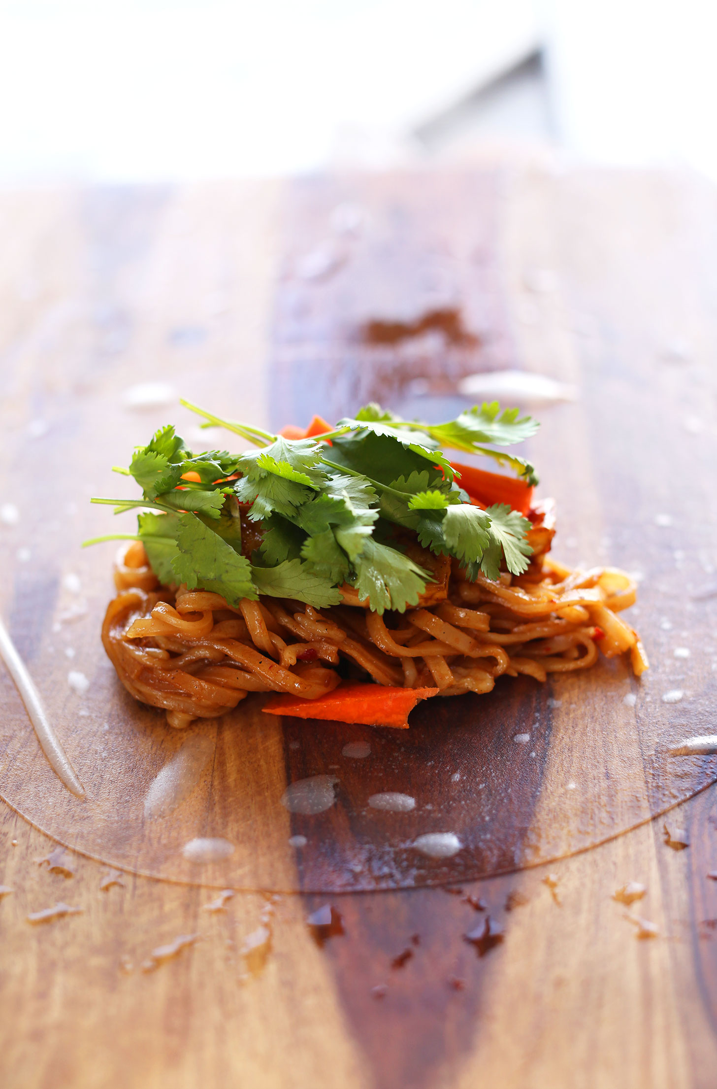 Filling ingredients on a rice paper wrapper ready to be wrapped into a vegan Pad Thai Spring Roll