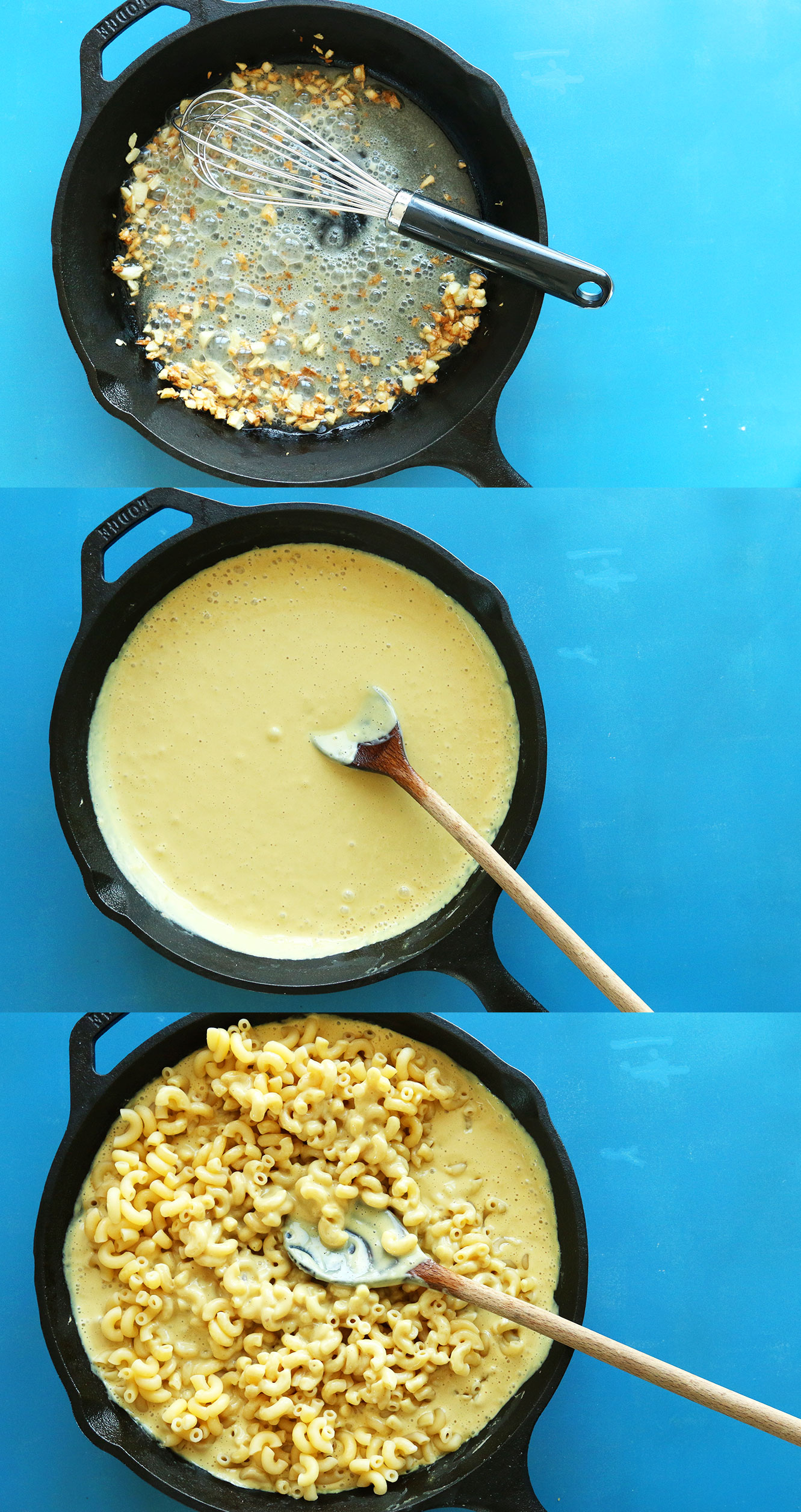 Photos showing steps for making Vegan Mac and Cheese in a cast-iron skillet