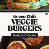 Photos of chickpea veggie burgers cooking in a skillet and assembled with a bun and toppings with text between the photos that says ready in 30 minutes