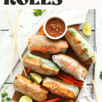 Plate of our vegan and gluten-free Pad Thai Spring Rolls with dipping sauces