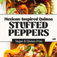 Two photos of our Mexican-Inspired Quinoa Stuffed Peppers on a wood board with text between the photos that says vegan and gluten-free