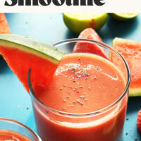 Overhead shot of a strawberry chia watermelon smoothie