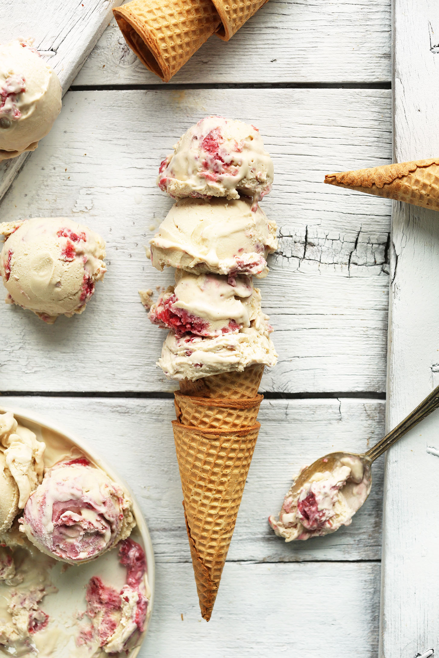 Quadruple scoop of our vegan Raspberry Swirl Coconut Ice Cream recipe
