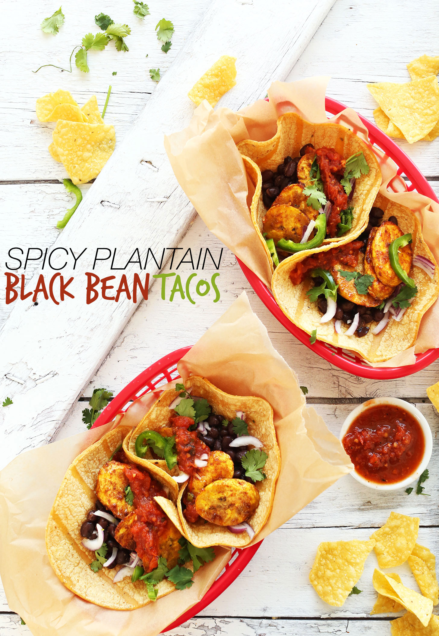 Trays of our Spicy Plantain Black Bean Tacos with a side of salsa